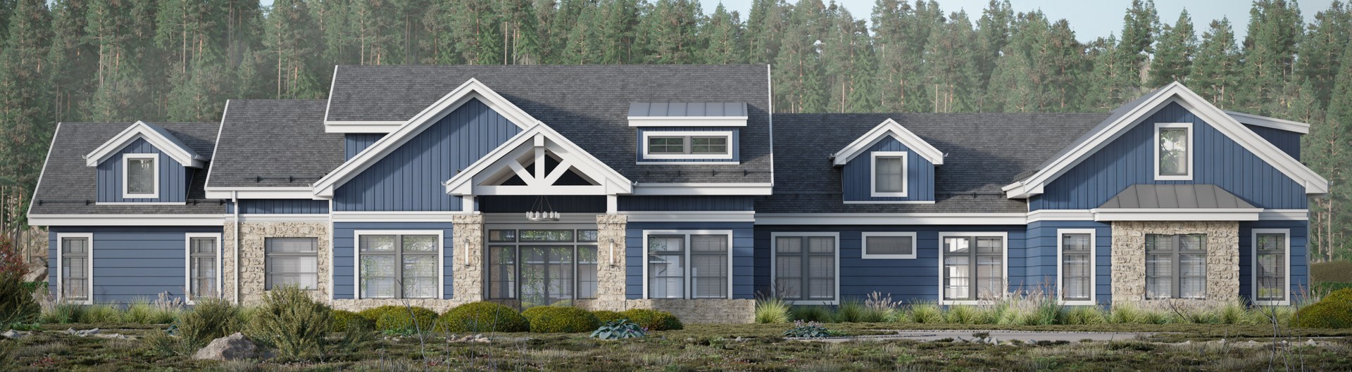 A wide, one-story house with blue board-and-batten siding, stone accents, and a dark roof, set against a pine forest.