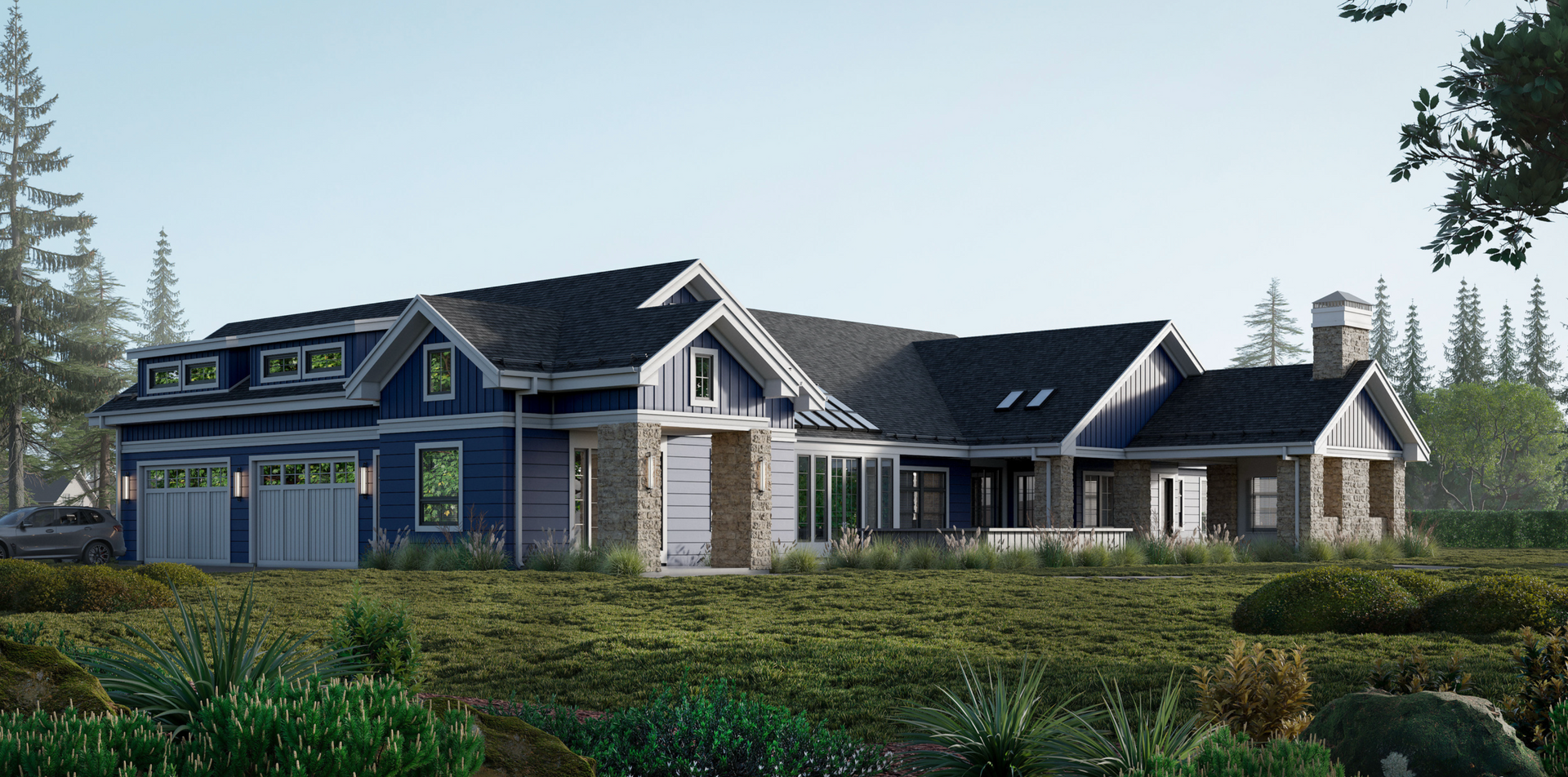 A modern blue and stone farmhouse with a multi-car garage, large windows, and a chimney set in a grassy field.