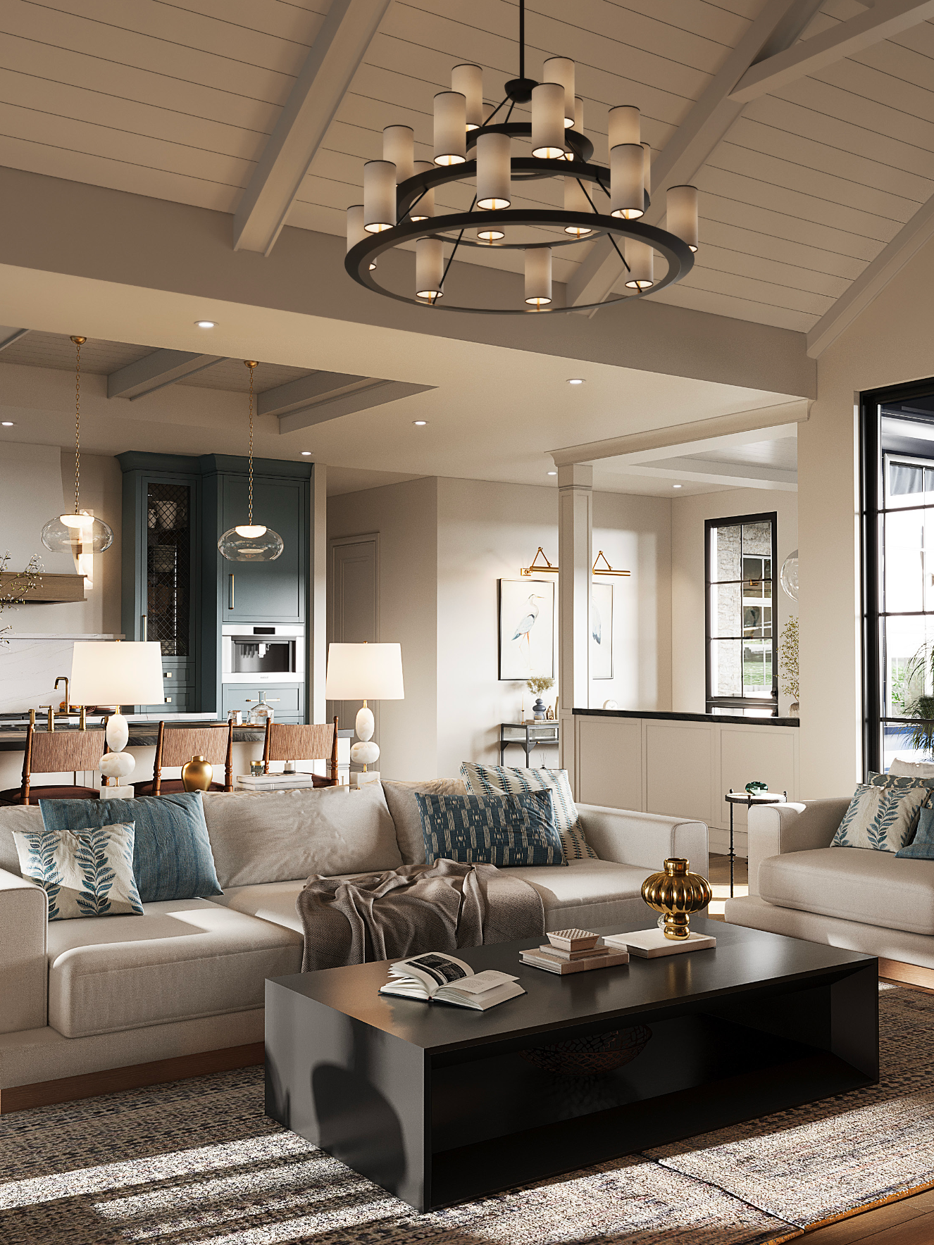 A bright, modern living room with a large sofa, coffee table, and an ornate chandelier under a high, vaulted ceiling.