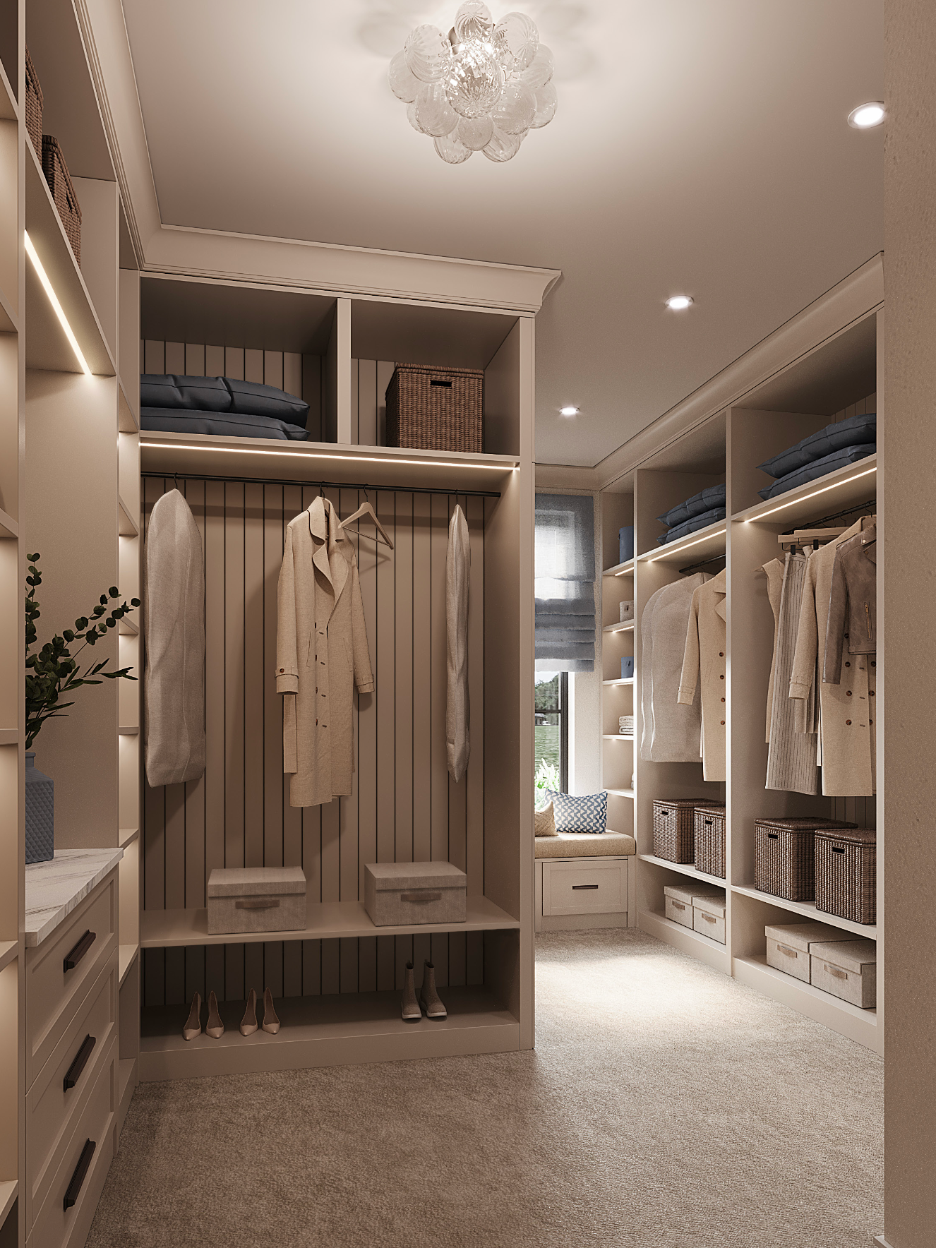A light-colored, modern walk-in closet with hanging clothes, shelves, storage baskets, and carpeted flooring.