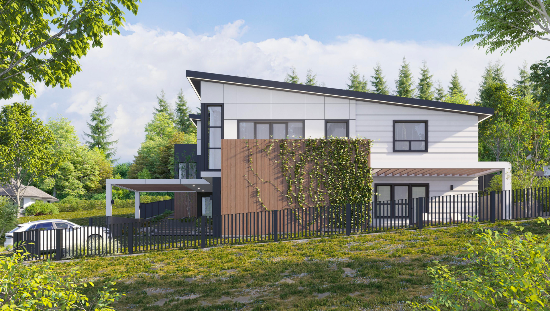 A modern two-story home with a slanted roof, white siding, and a wooden accent wall covered in vines, set in a rural area.