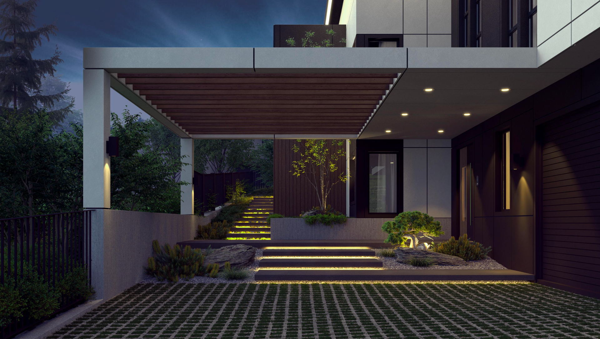 Modern home exterior at night with a covered driveway, tiered illuminated garden steps, and lush landscaping.