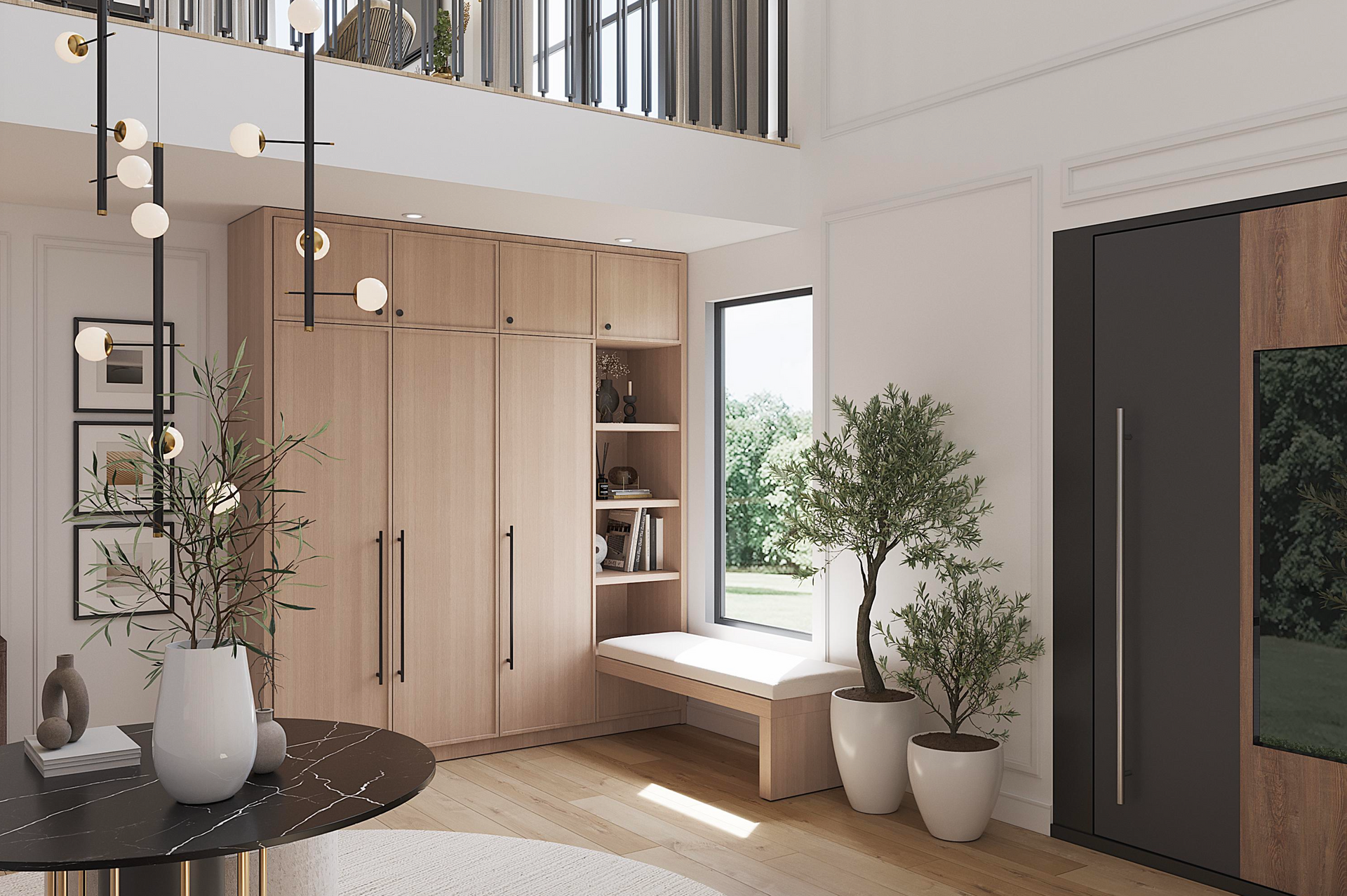 Modern entryway with light wood built-in cabinets, a window seat with shelving, potted olive trees, and a black table.