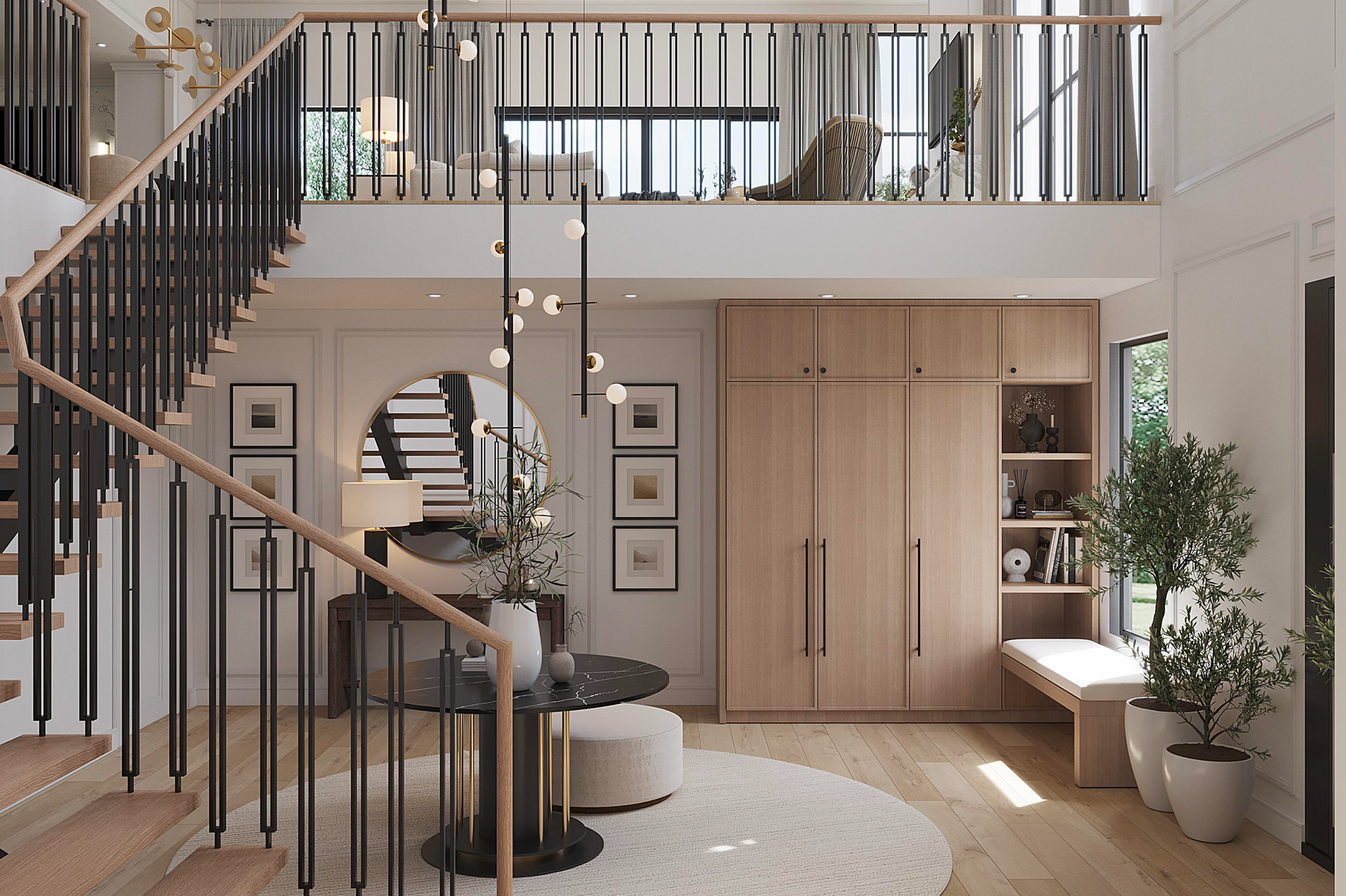 A light-filled foyer with a modern staircase, wooden cabinets, a round table, and a loft overlooking the living area.