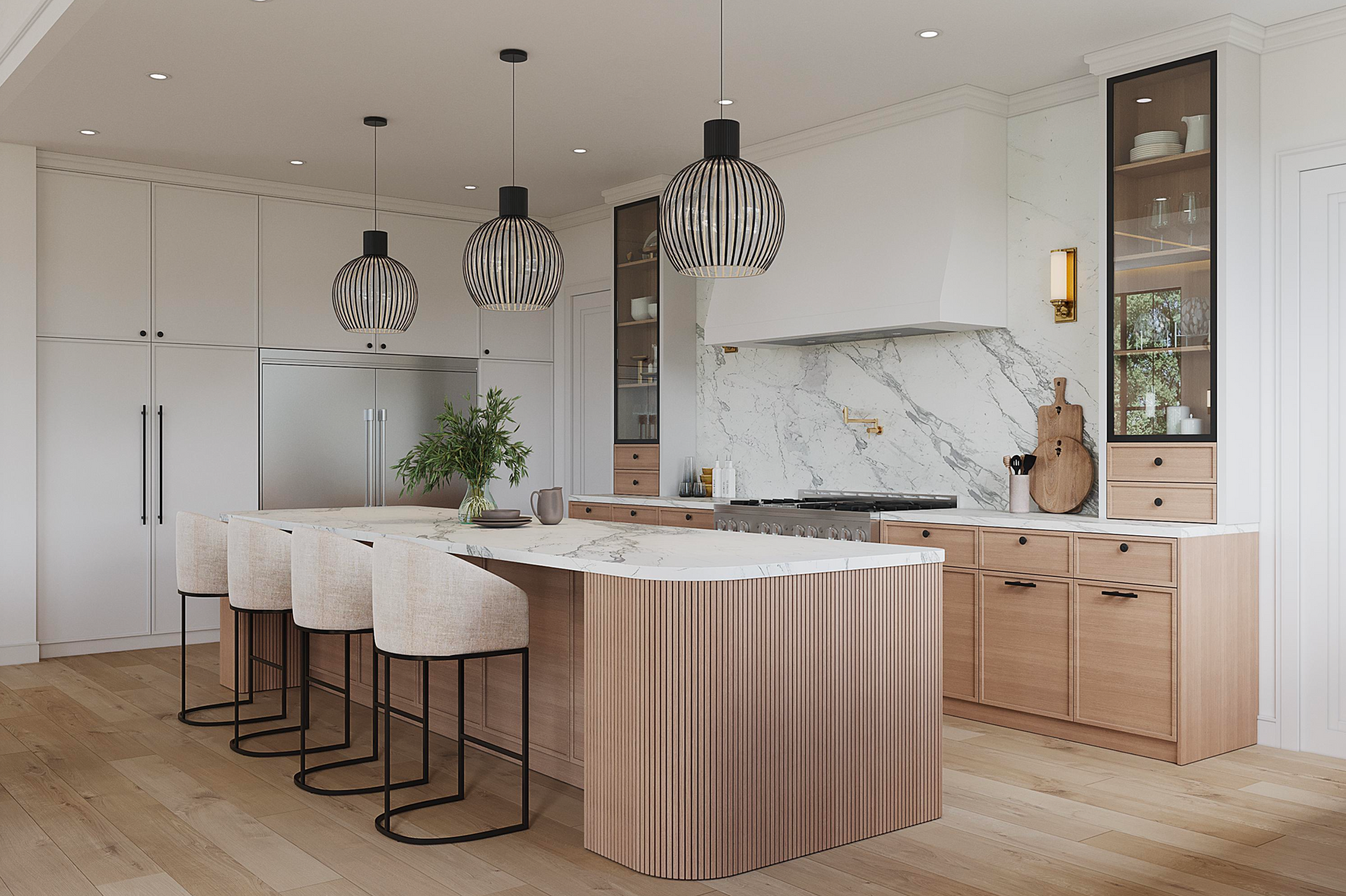 A modern kitchen features a large ribbed-base island with barstools, light wood cabinets, marble backsplash, and pendant lights.
