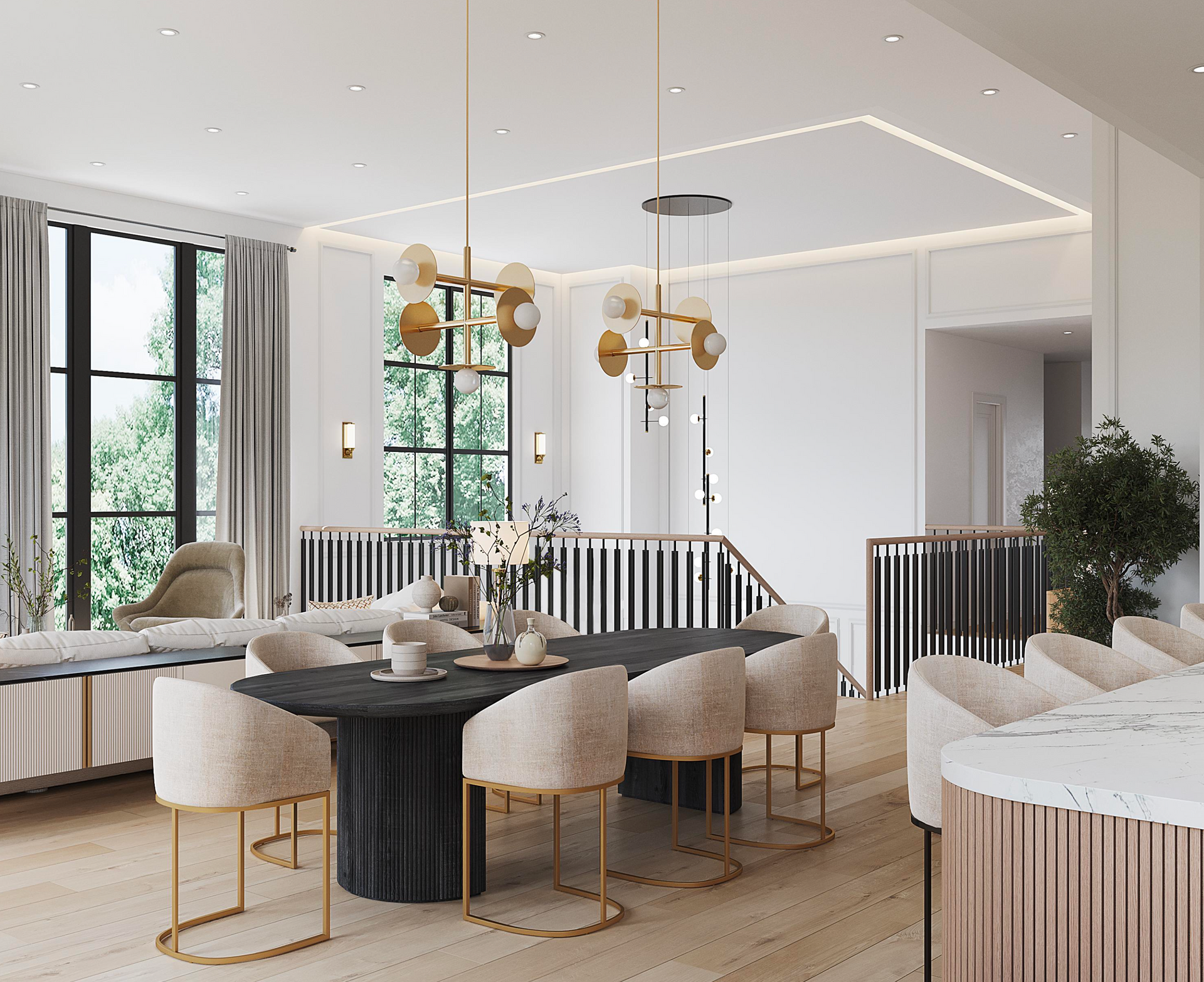 A bright, modern dining area with a long black oval table, cream upholstered chairs, and gold geometric pendant lights.