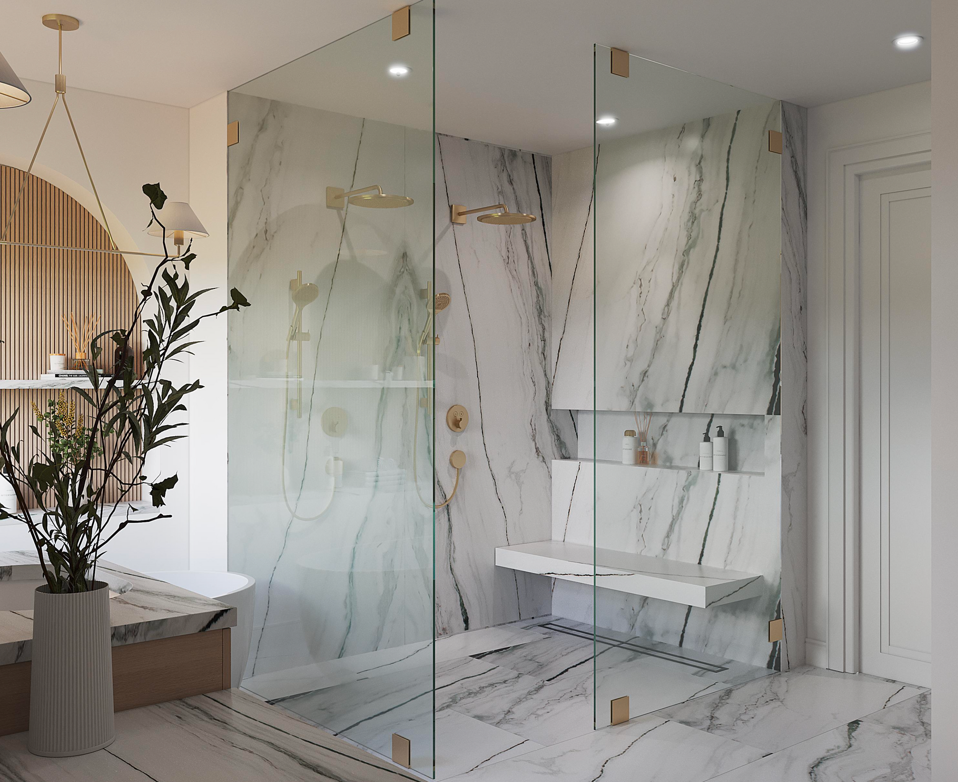 A modern bathroom with a glass-enclosed shower featuring white marble walls, a built-in stone bench, and gold fixtures.