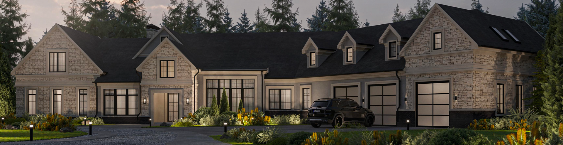 A large, light-colored brick home at twilight, featuring a garage, multiple gabled rooflines, and surrounded by trees.