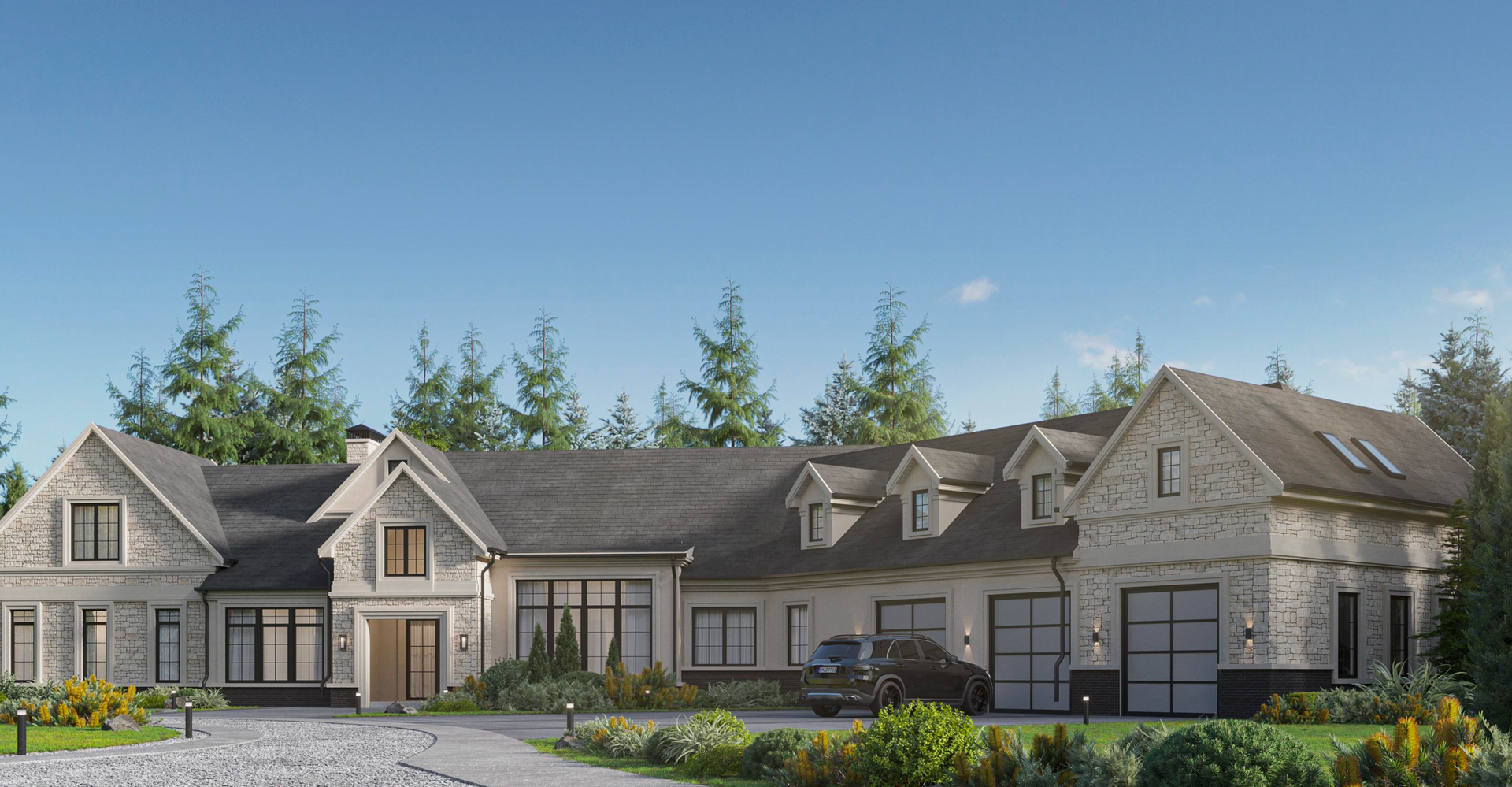 A stone-clad luxury house with multiple gables and a multi-car garage, set against a backdrop of evergreen trees.
