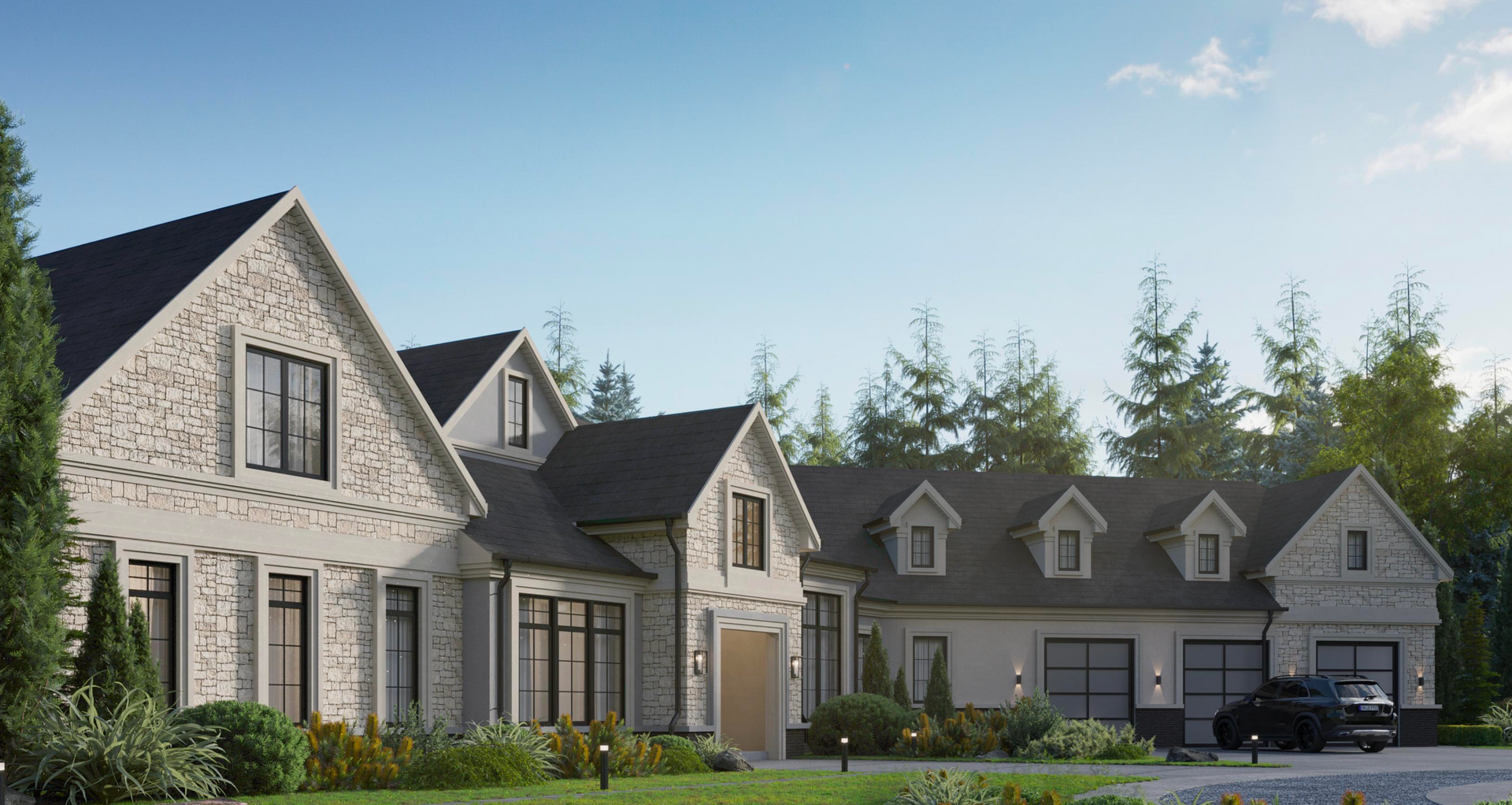A large, light-colored brick suburban home with a multi-gabled roof, tall windows, and a three-car garage at dusk.