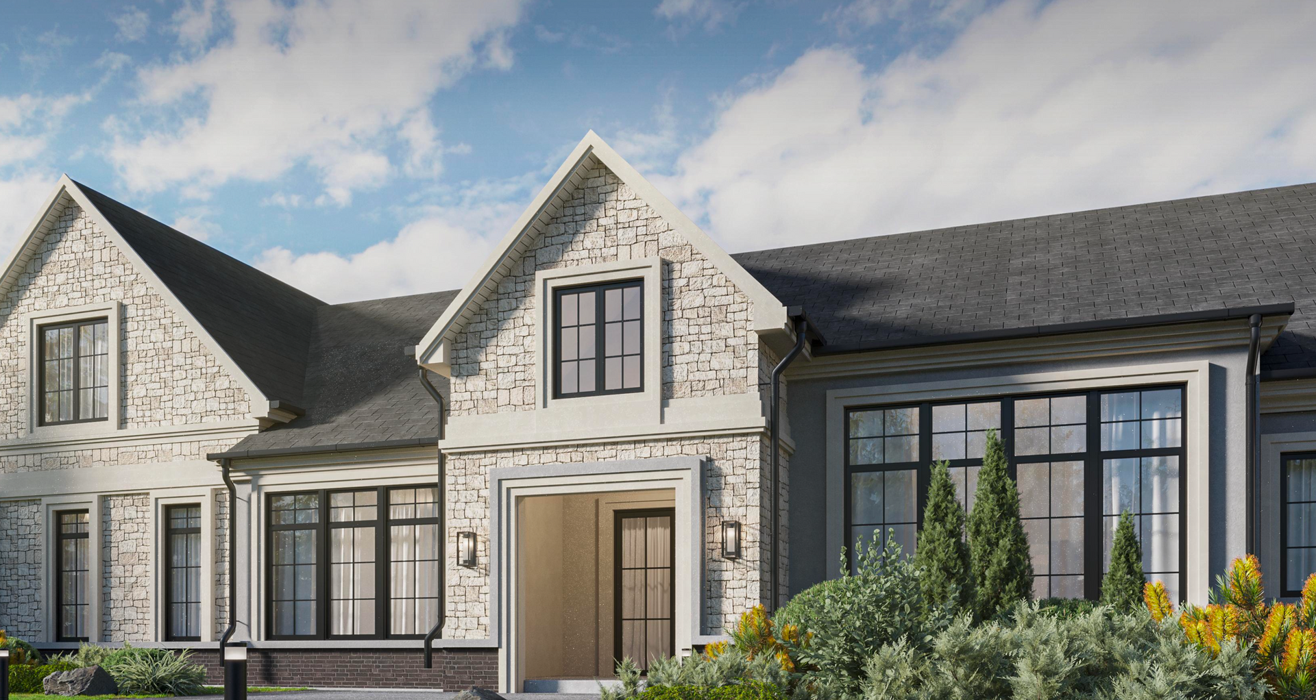 A modern, two-story house with white brick, a grey roof, and dark-framed windows surrounded by shrubs under a blue sky.