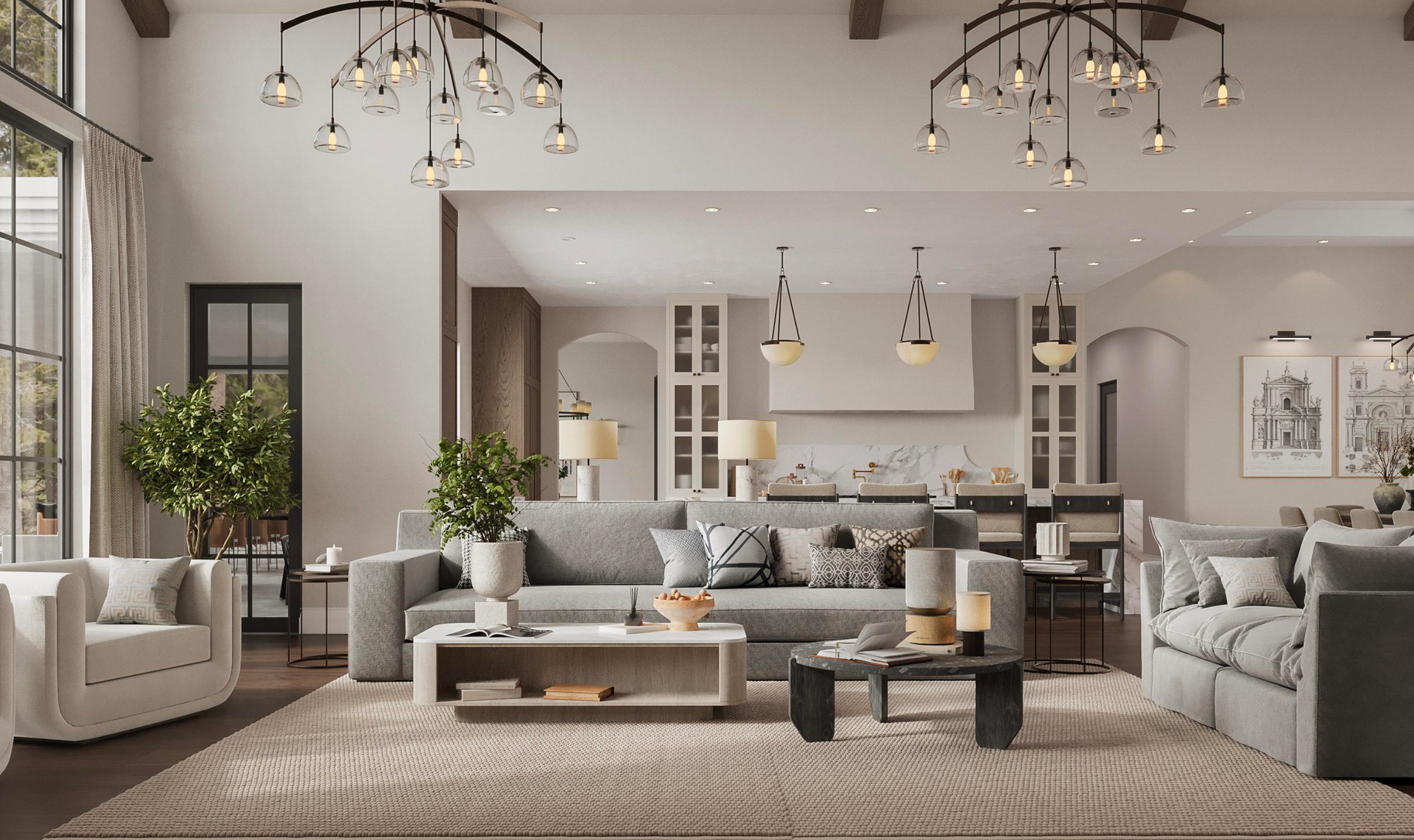 A spacious, modern living room with gray furniture, two large chandeliers, neutral tones, and a large area rug.