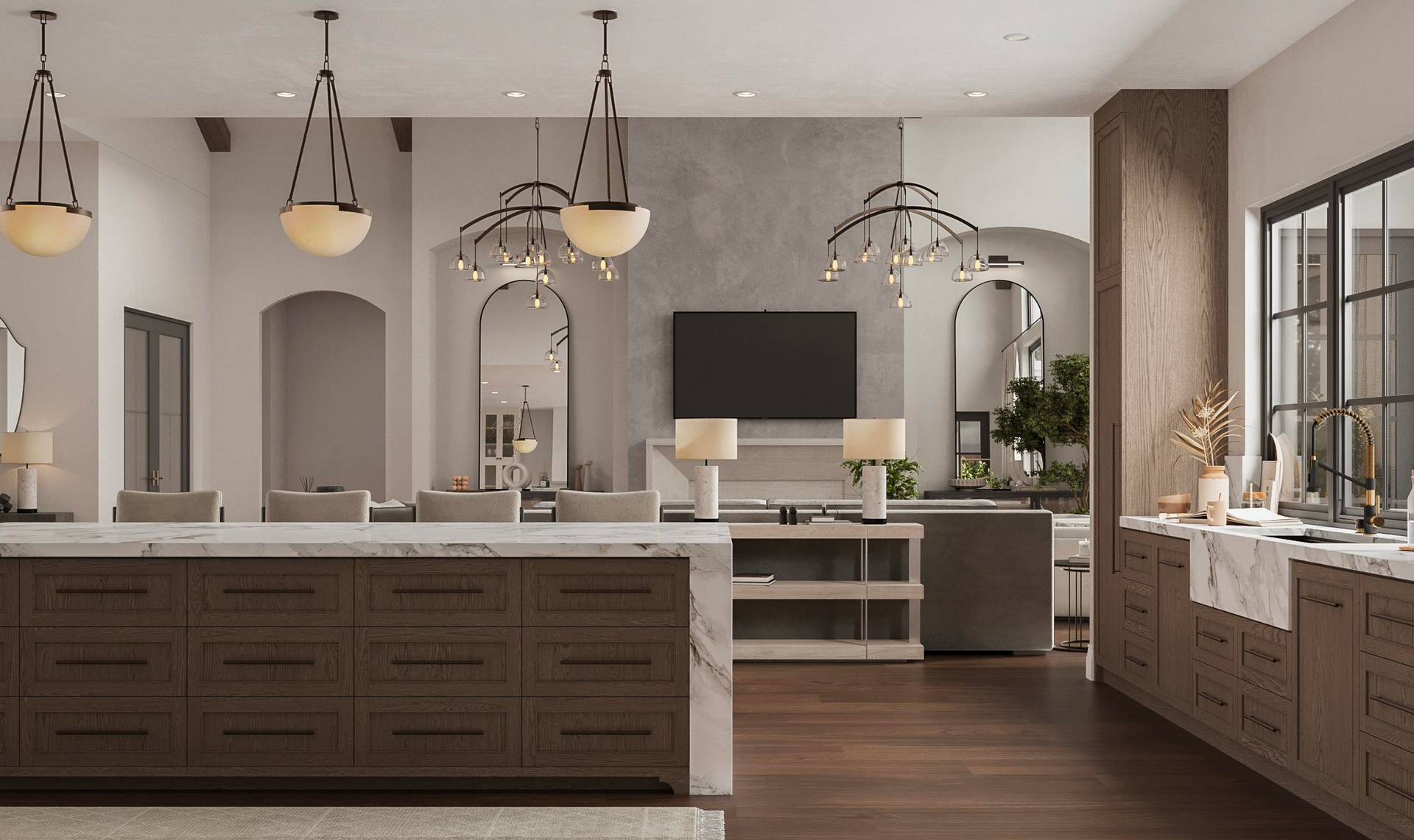 A modern, open-concept kitchen and living area featuring dark wood cabinets, marble countertops, and warm pendant lighting.