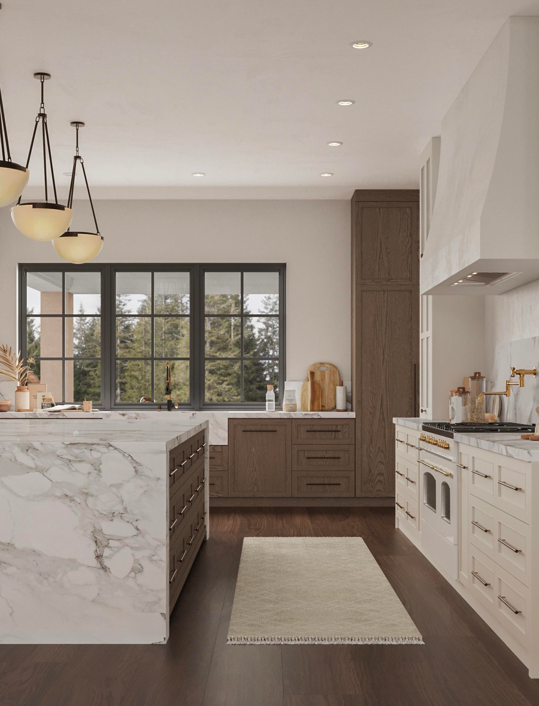 Modern kitchen with white marble island, light cabinets, dark wood base cabinets, and a large window looking outdoors.