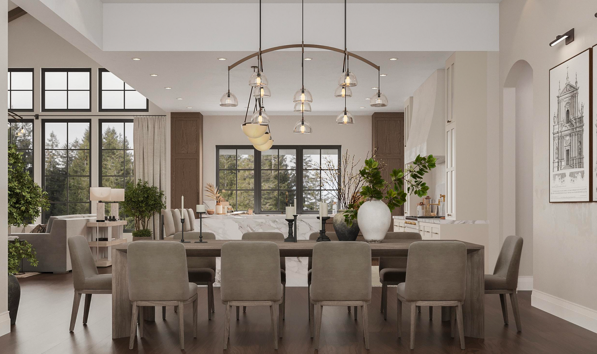 A spacious, modern dining room with a long wood table, gray upholstered chairs, and a unique arched pendant light fixture.