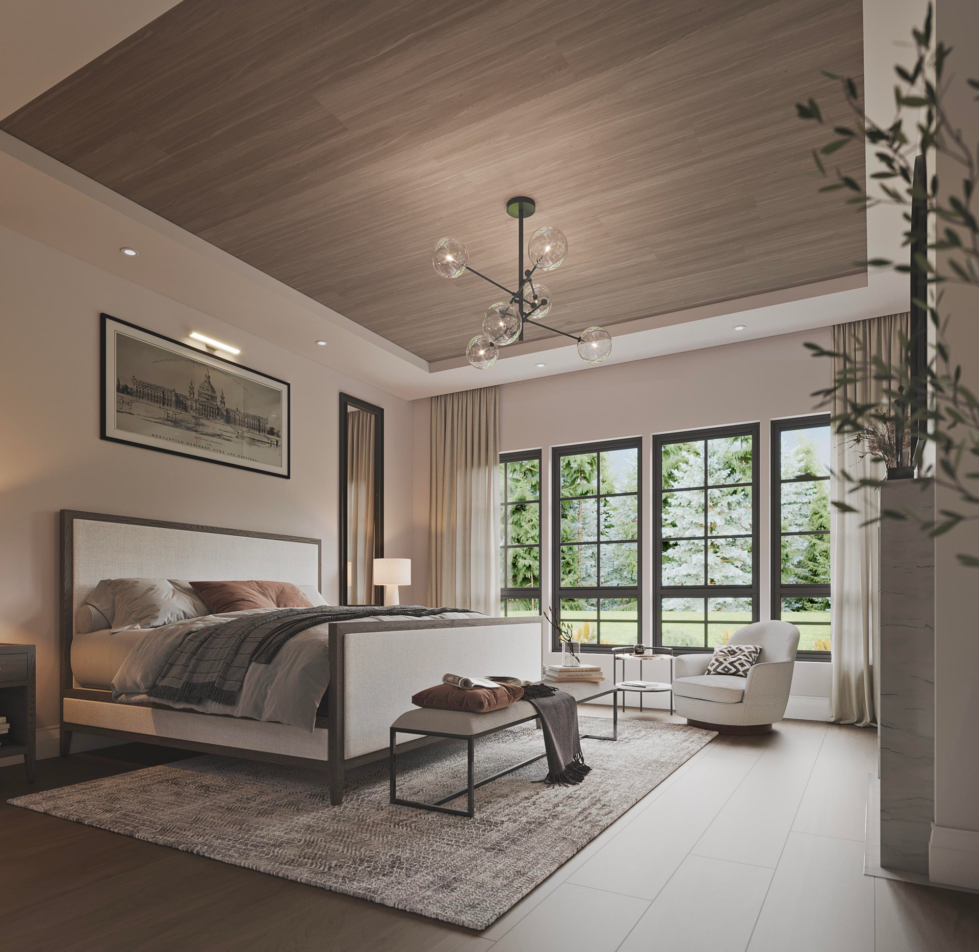 A modern bedroom featuring a bed with white bedding, a wood-paneled ceiling, a chandelier, and windows with view of trees.
