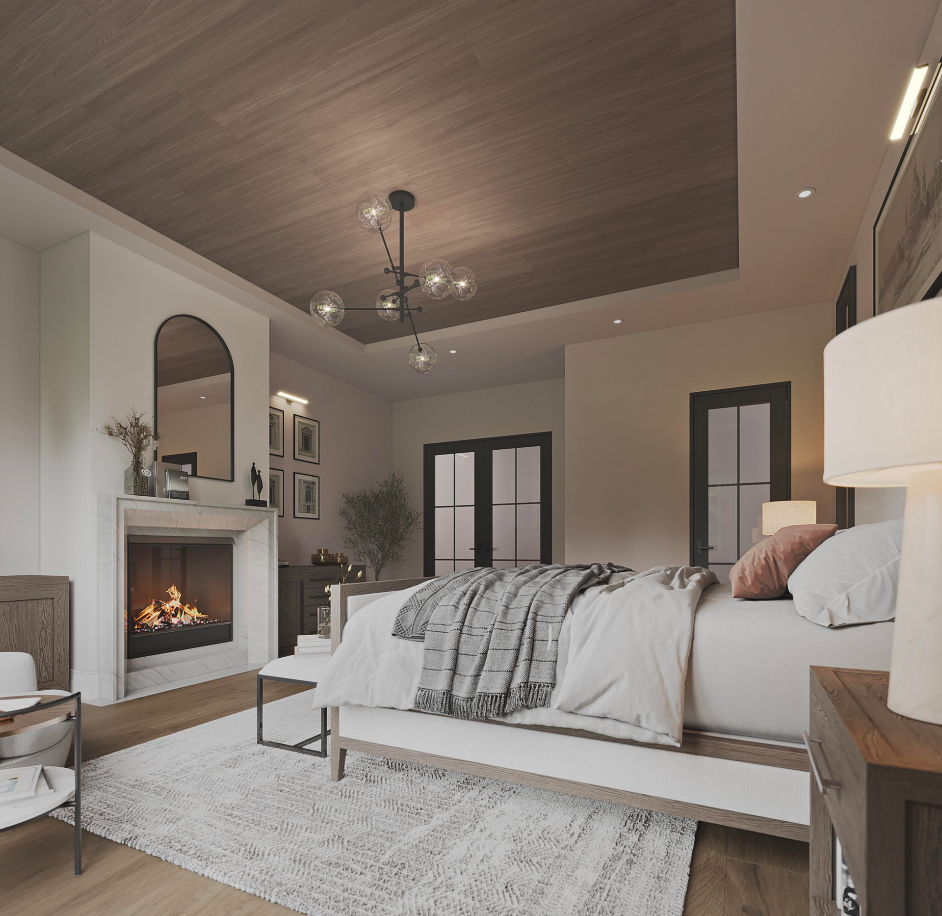 A cozy, neutrally-toned bedroom featuring a fireplace, a wood-paneled tray ceiling, and a large bed with layered bedding.