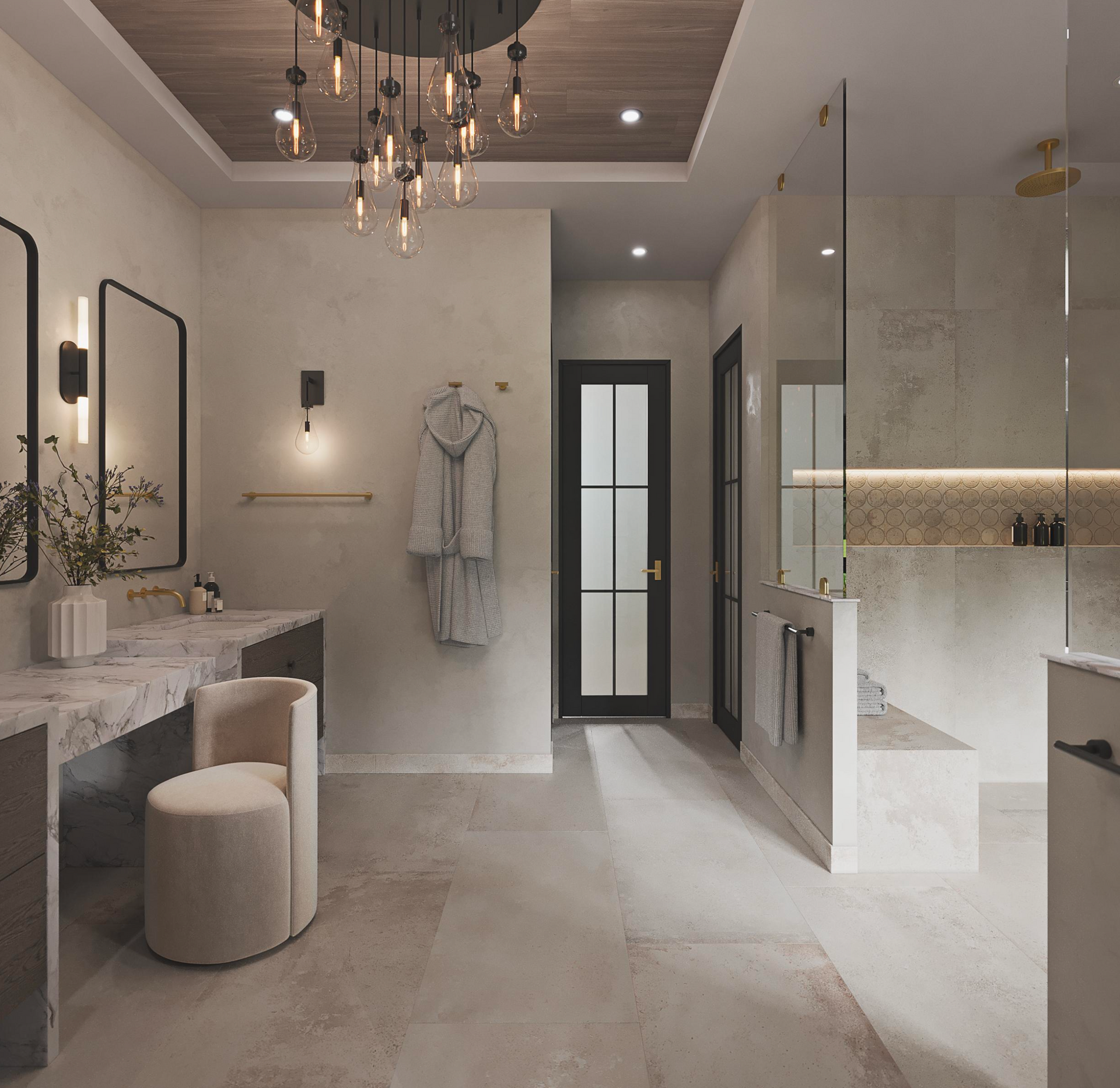 A luxury bathroom features a marble vanity with a cream stool, a hanging chandelier, and a glass-enclosed shower area.