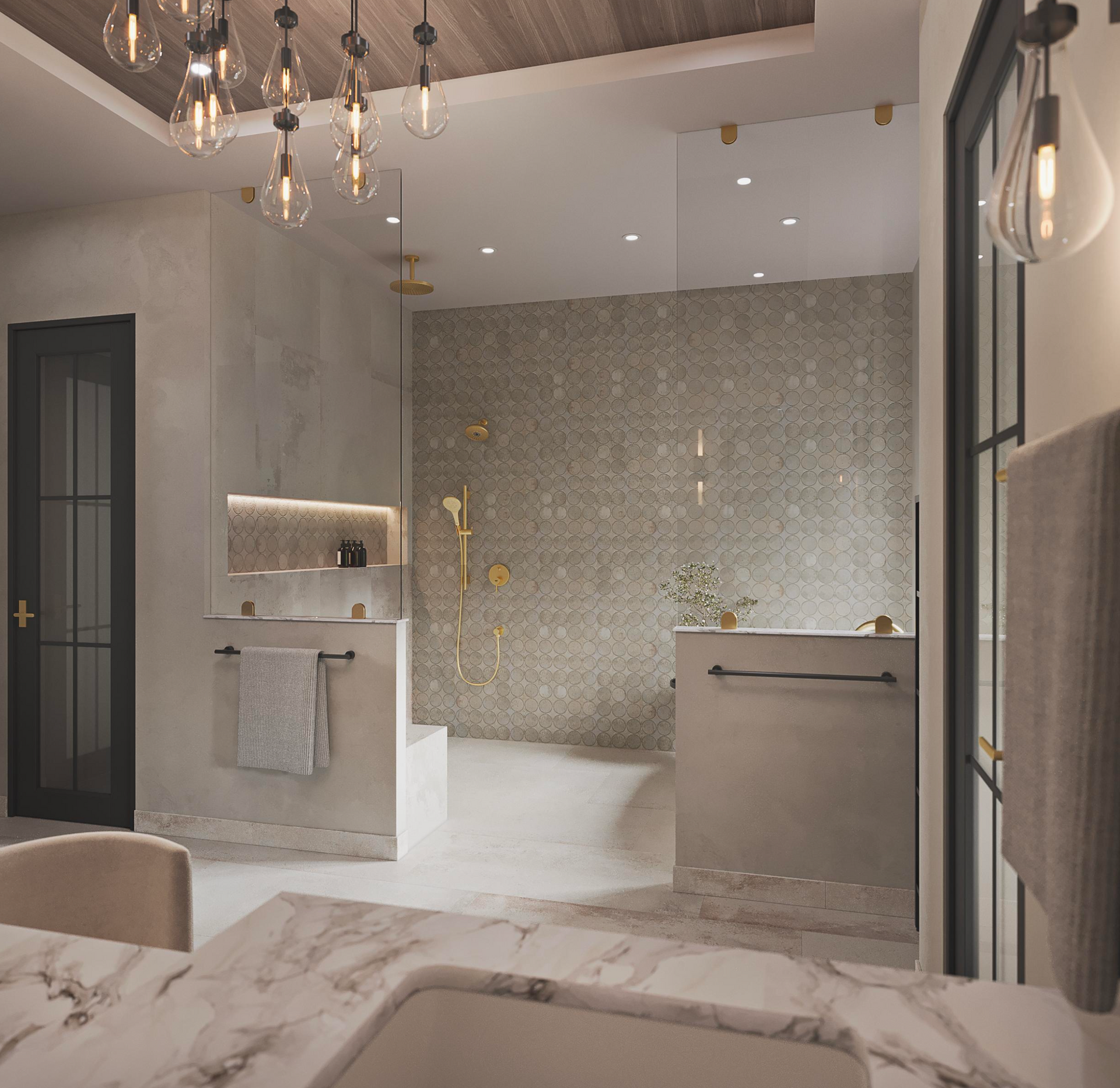 Modern bathroom with a marble countertop, globe pendant lights, and a walk-in shower with textured tile walls.