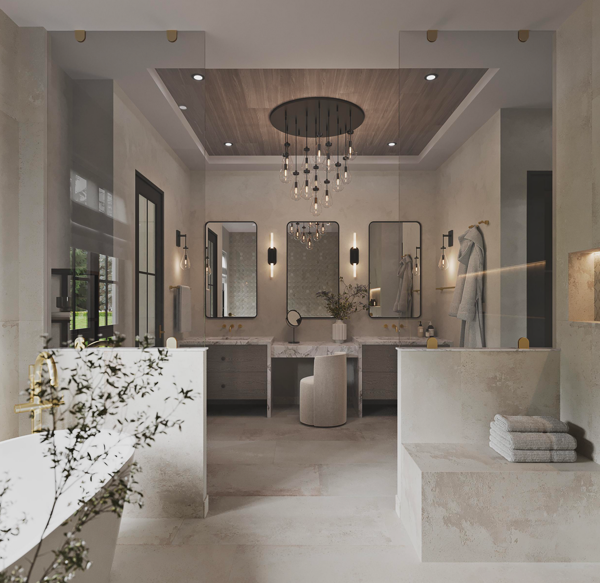 A modern, neutral-toned bathroom with a central vanity, twin mirrors, a tiered chandelier, and a freestanding bathtub.