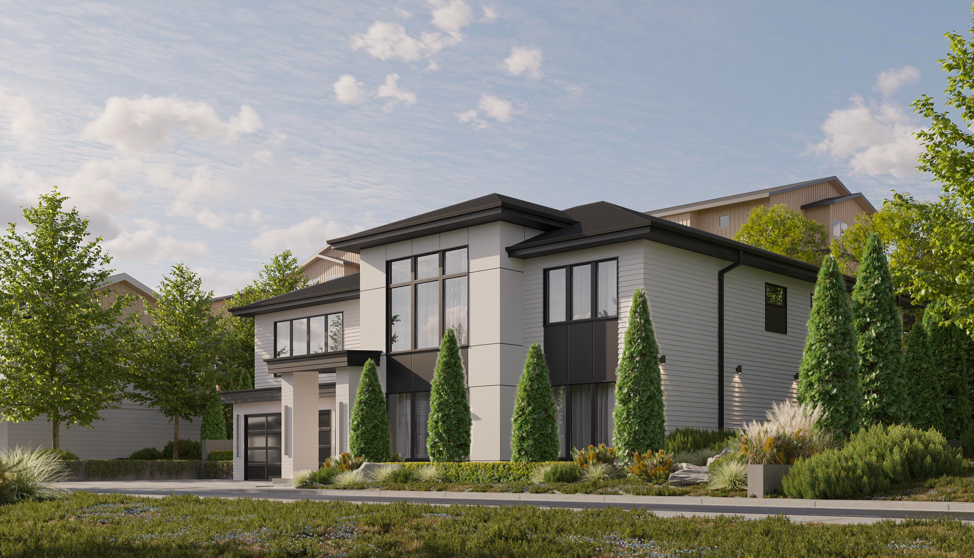 A modern, two-story house with white walls, black trim, and large windows, surrounded by landscaping on a sunny day.