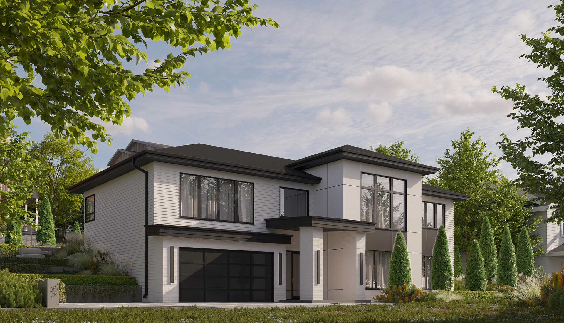 A modern two-story home with white siding, dark trim, a black garage door, and large windows set among green trees.