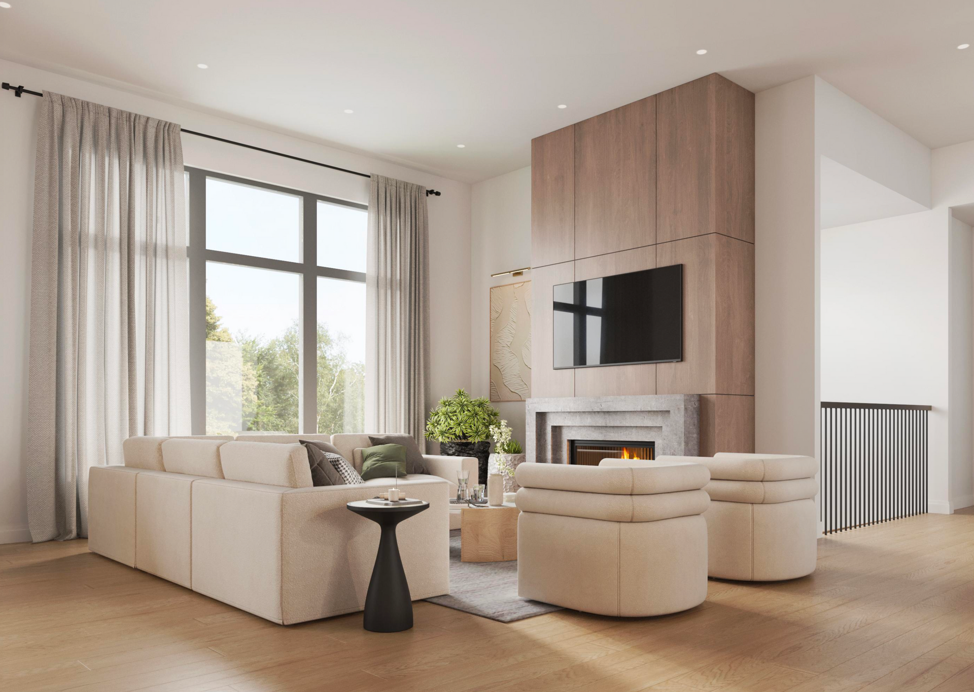 Modern living room with a cream sectional, round chairs, a fireplace with a mounted TV, and large windows with curtains.