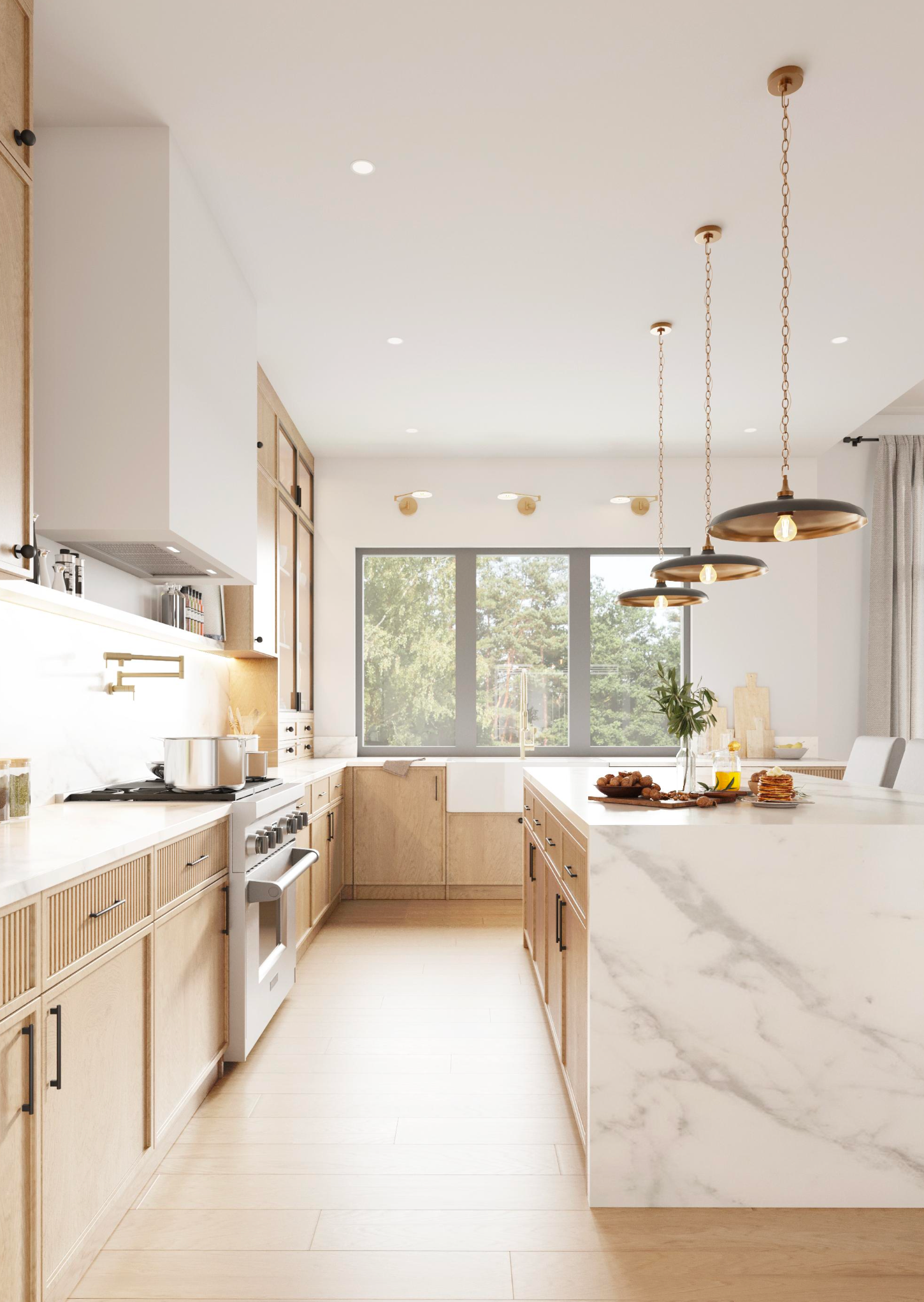 A modern kitchen with light wood cabinets, white marble countertops, a large island, and three hanging pendant lights.