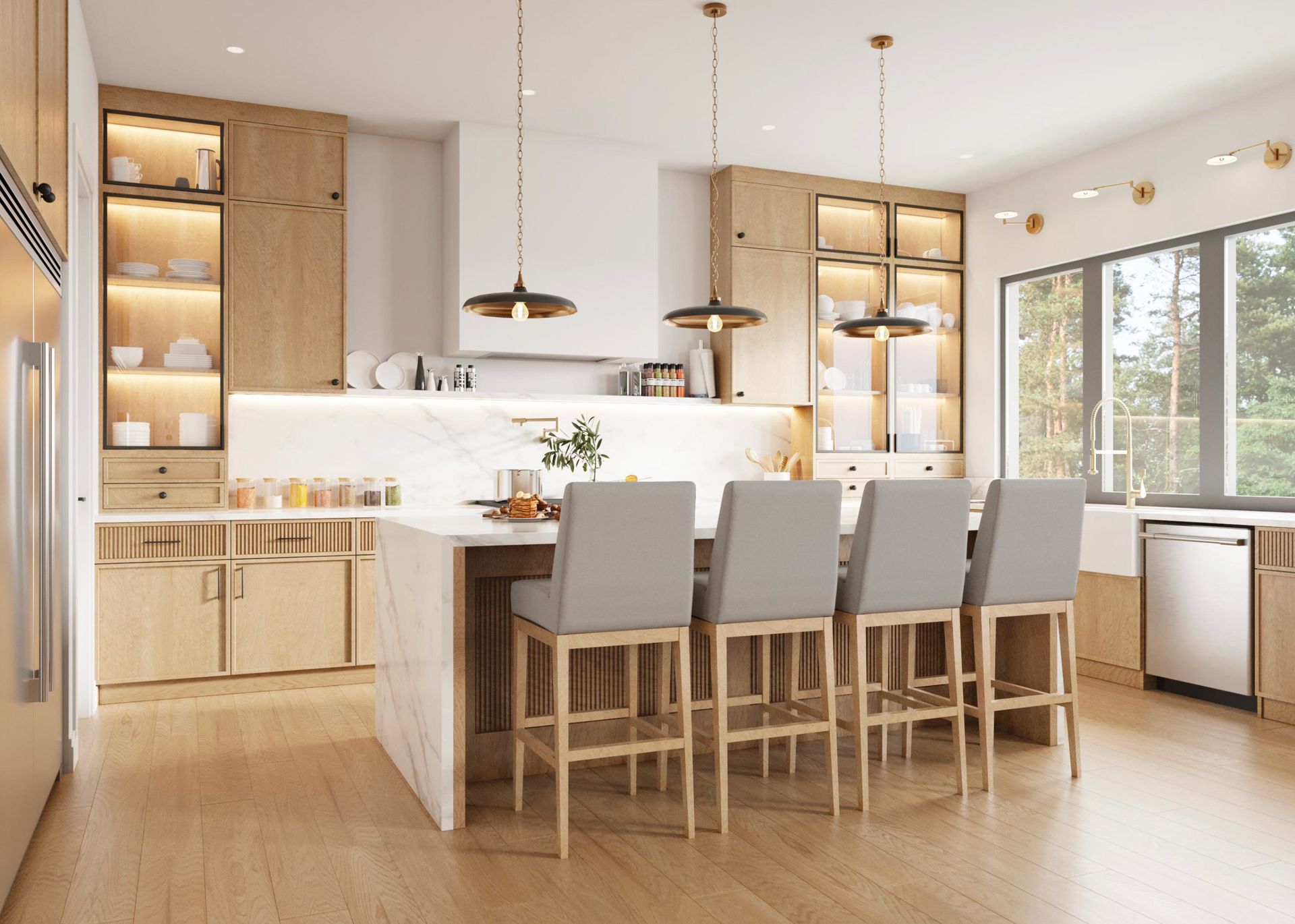 Modern kitchen with light wood cabinetry, white marble island with four grey bar stools, and warm pendant lighting.