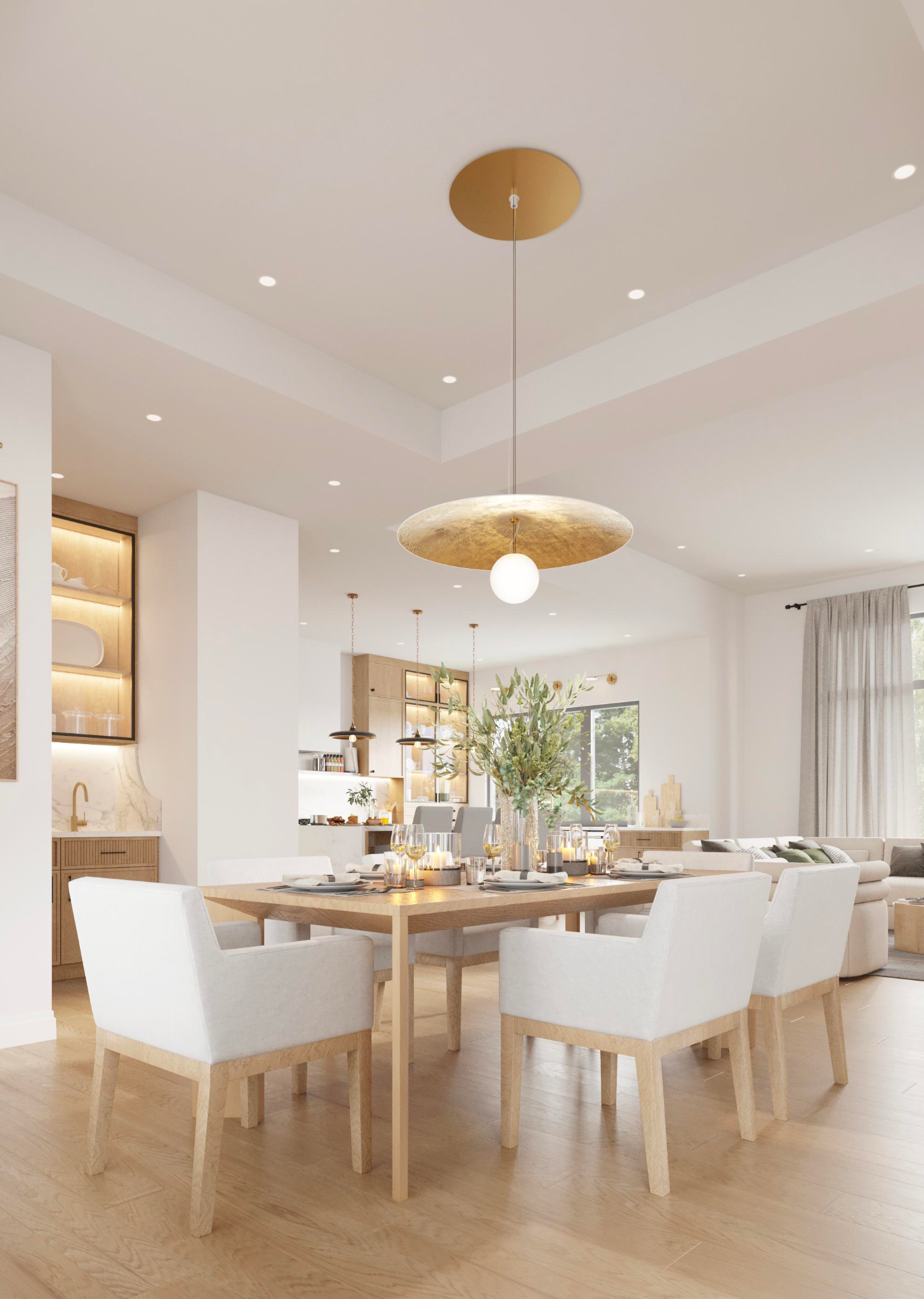 A bright, modern dining room with a textured pendant light above a wooden table surrounded by white upholstered chairs.