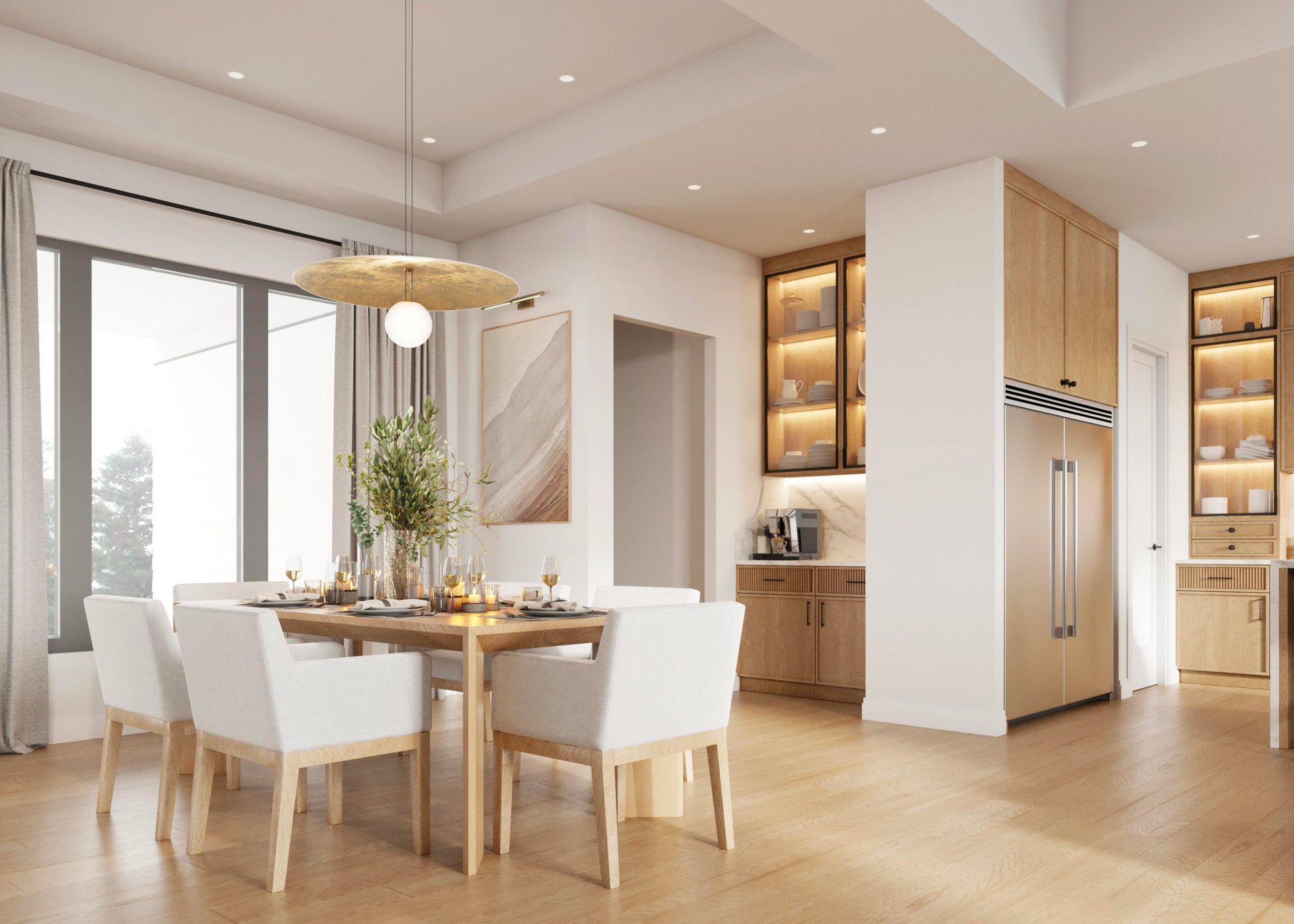 Modern dining room with a wooden table, four white chairs, a decorative pendant light, and integrated cabinetry.