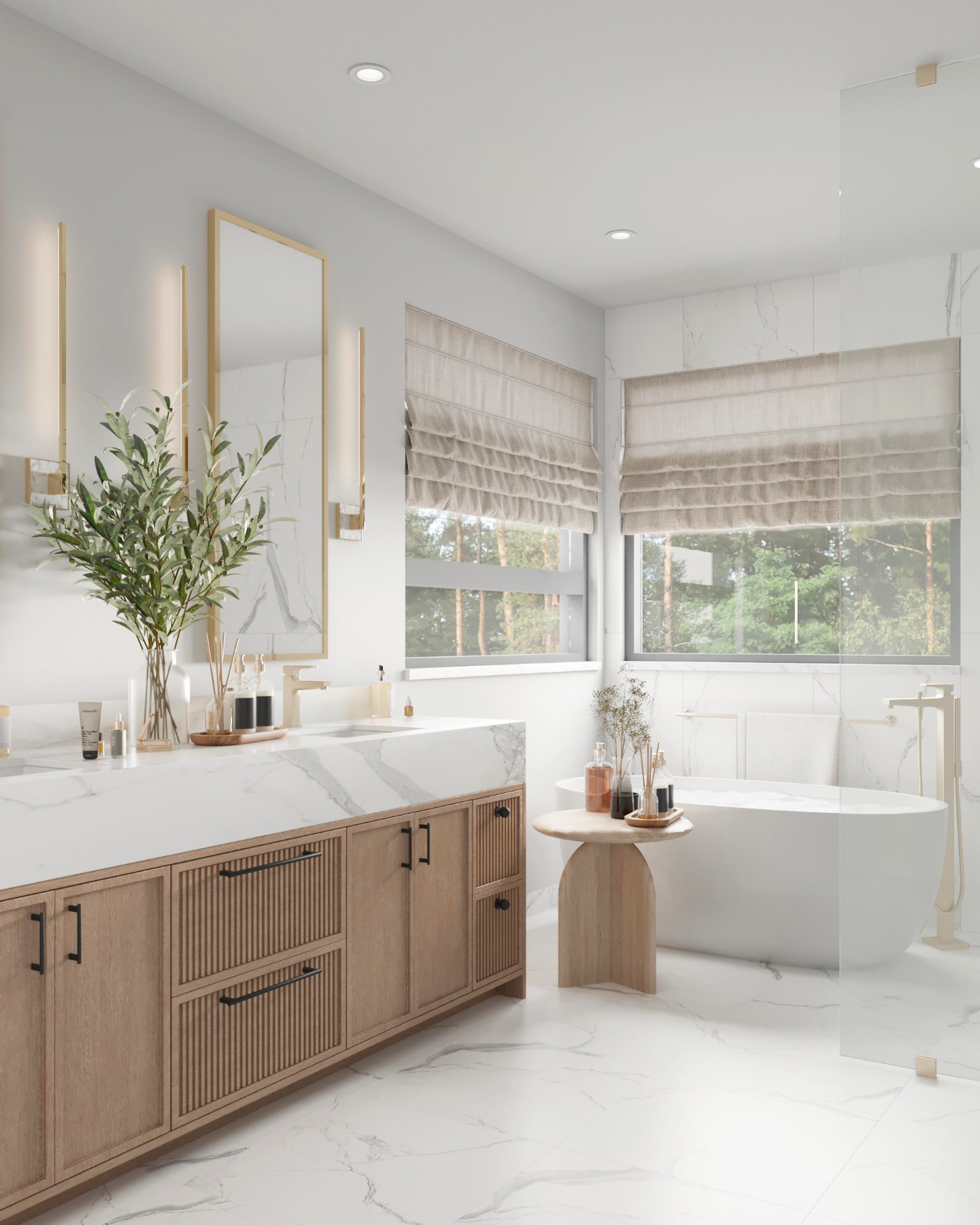 A modern, bright bathroom with a marble-topped wooden vanity, double mirrors, a freestanding tub, and beige window shades.