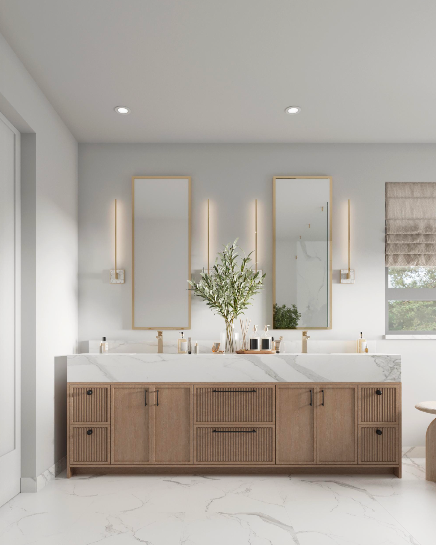 A double-sink bathroom vanity with light wood cabinets, white marble countertops, two rectangular mirrors, and wall lights.