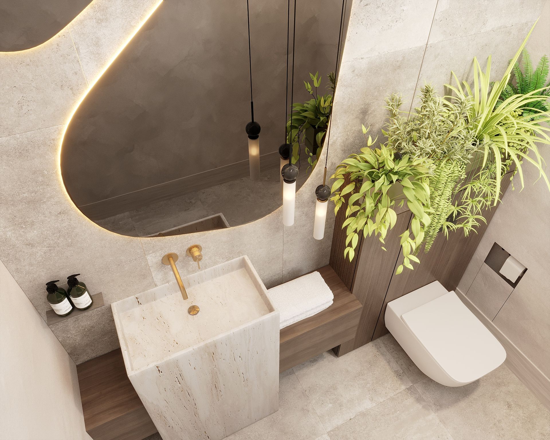 Modern bathroom featuring a speckled stone pedestal sink, backlit organic mirror, floating toilet, and lush greenery.