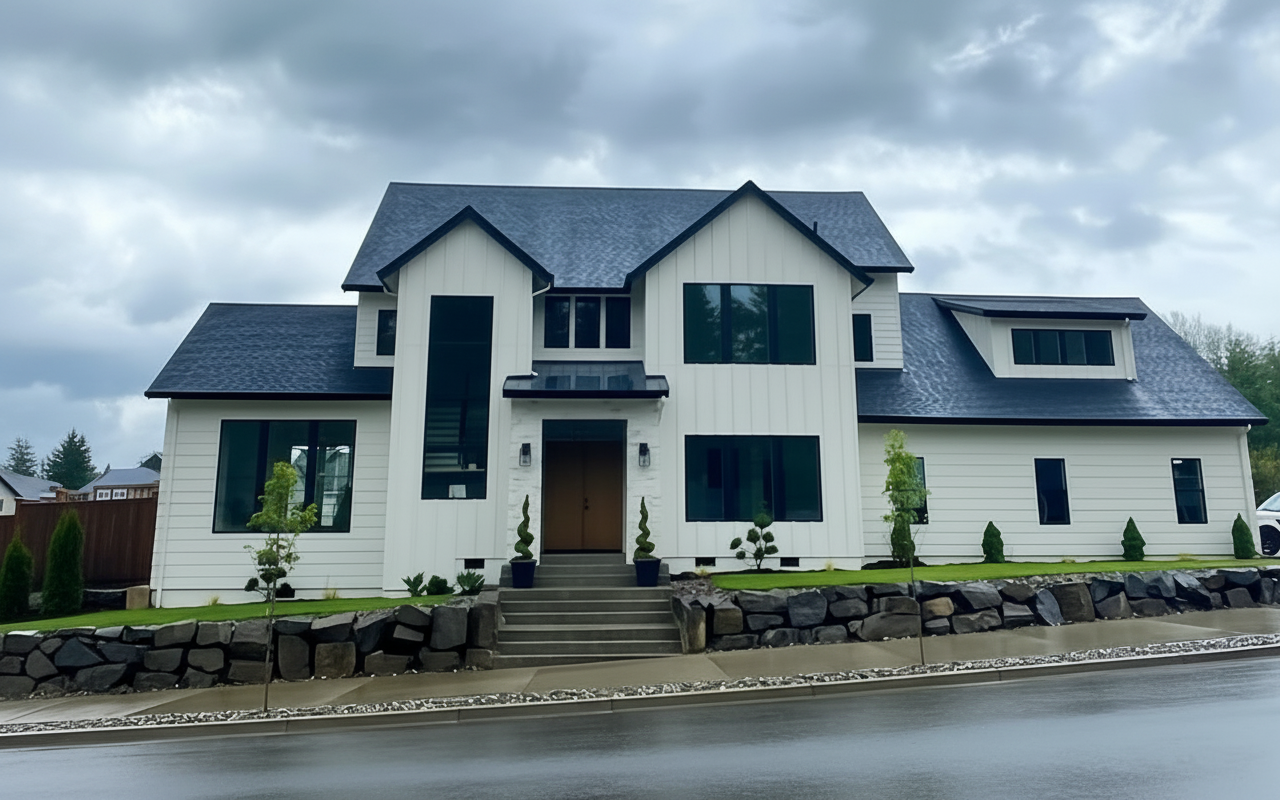 Modern two-story white house with dark trim and a dark metal roof, set above a stone retaining wall under a cloudy sky.