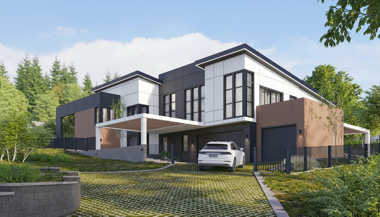 A modern two-story home with white and dark gray panels, brown accents, a covered carport, and a car in the driveway.