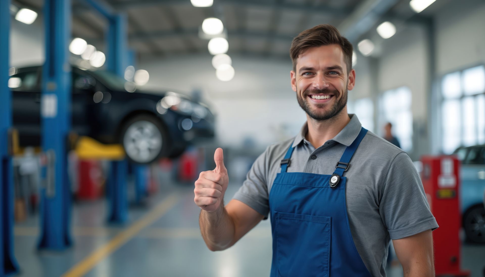 Smiling mechanic man gives thumbs up in auto repair shop. Smiling mechanic man gives thumbs up in auto repair shop.