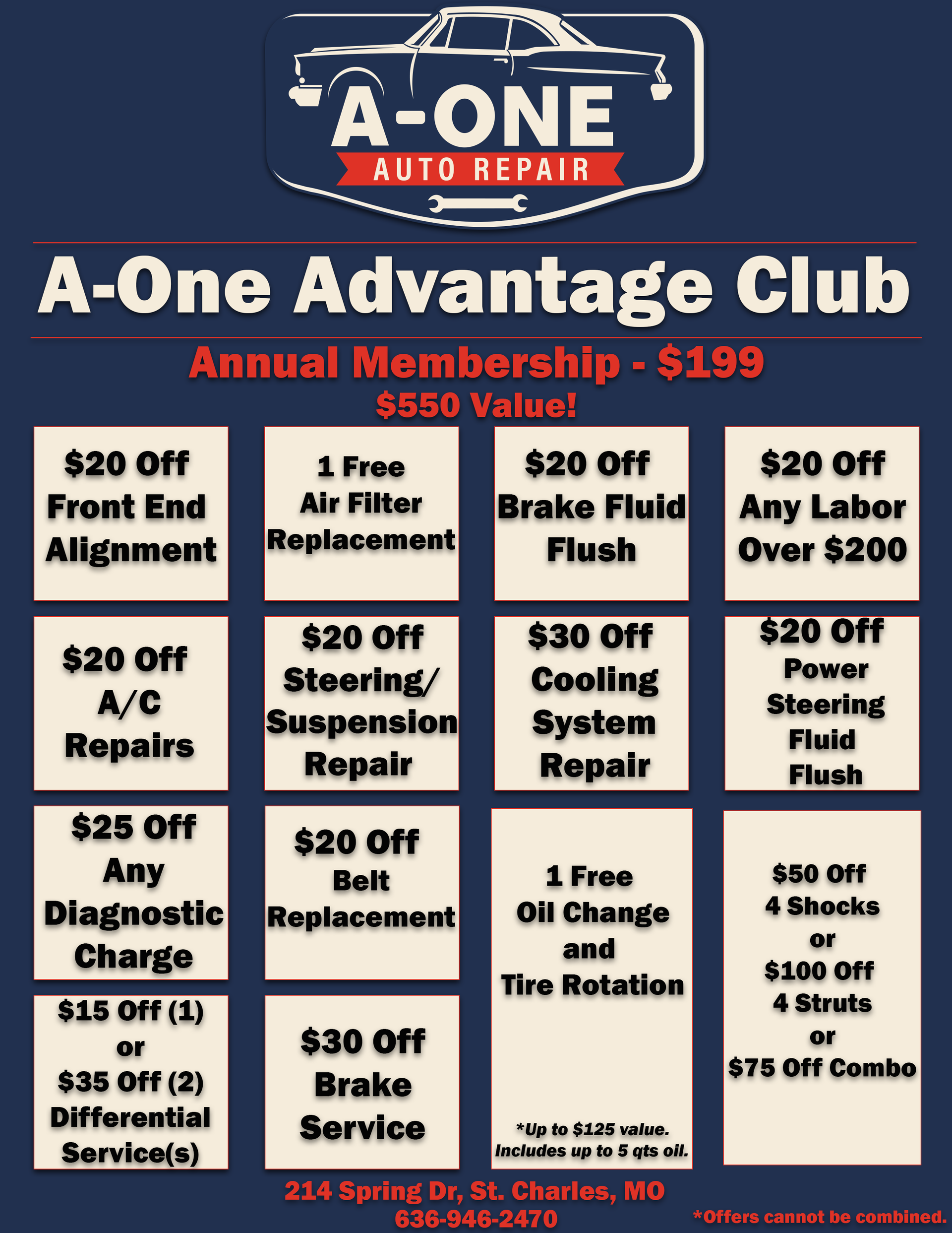 Flyer for A-One Auto Repair's Advantage Club with various discounts and services listed.