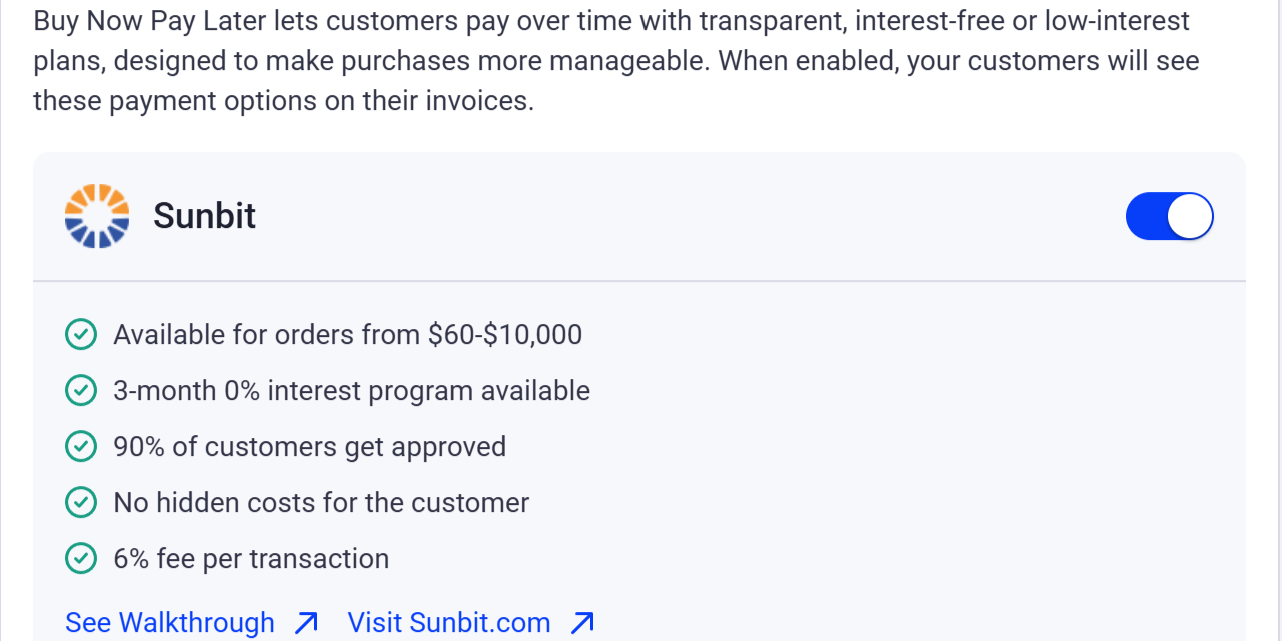 Sunbit buy now, pay later service enabled with toggle switch. Details include order amount, interest, and transaction fees.