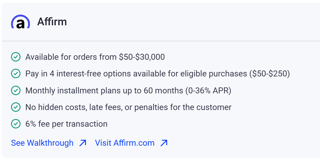 Affirm payment option details: amounts, plans, fees. Logo, bullet points, blue and white.