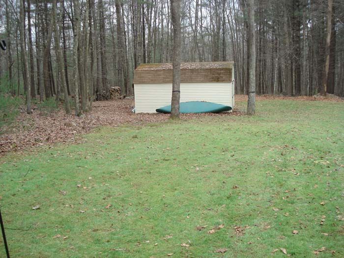 A shed in the middle of a lush green field with trees in the background.