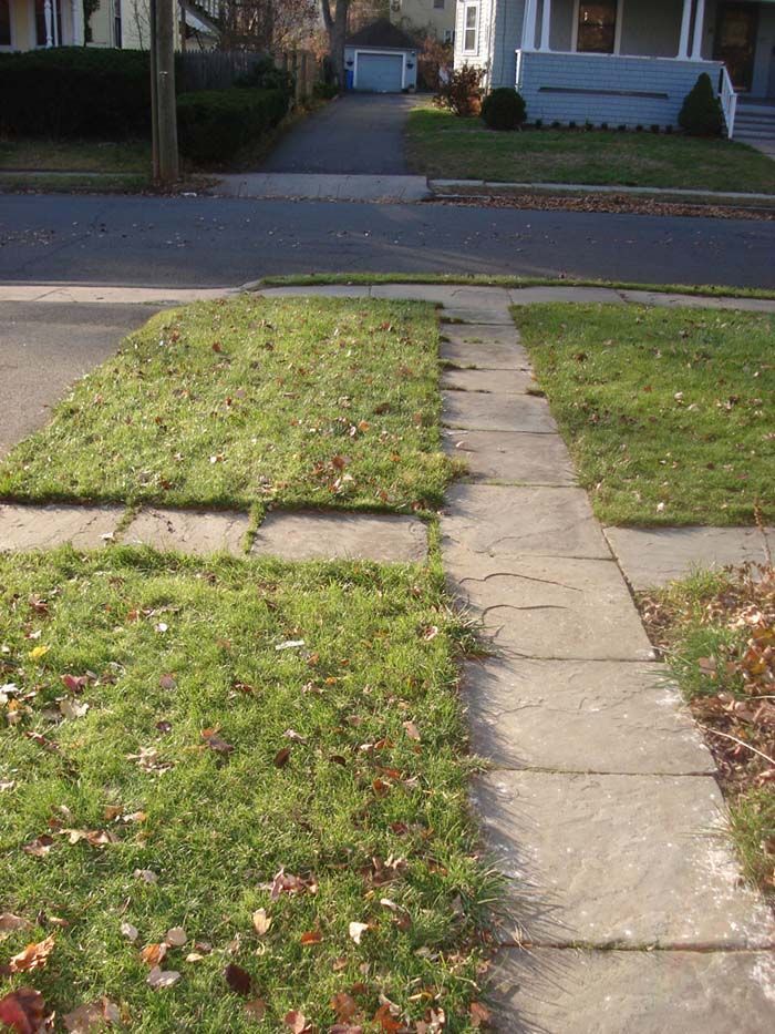 A sidewalk with grass on it and a house in the background