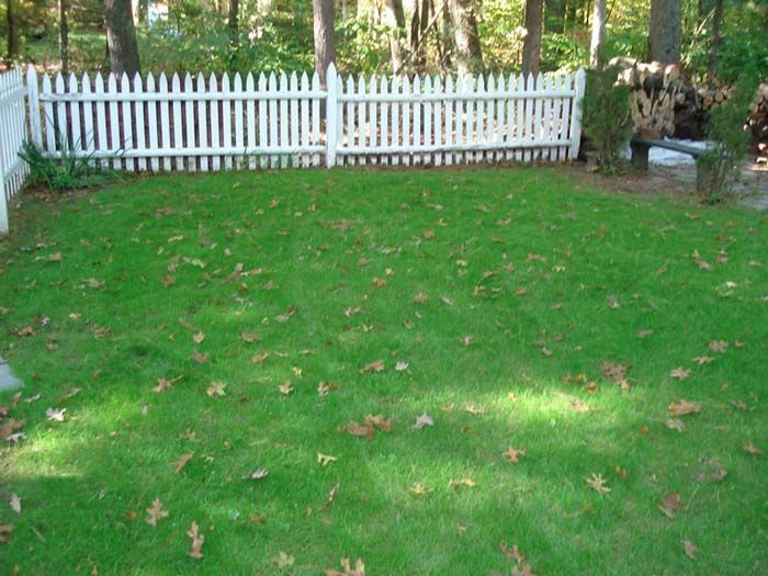 A white picket fence surrounds a lush green lawn.