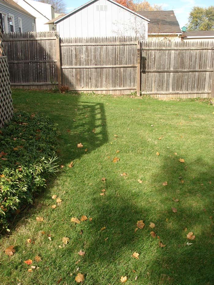 A backyard with a wooden fence and a house in the background