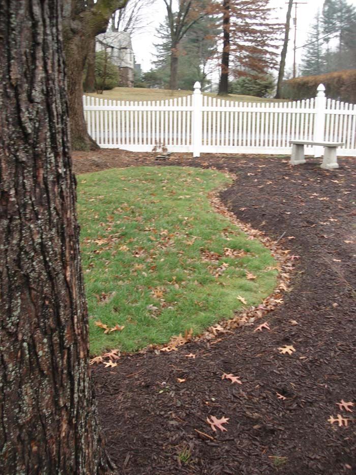 A white picket fence surrounds a lush green yard