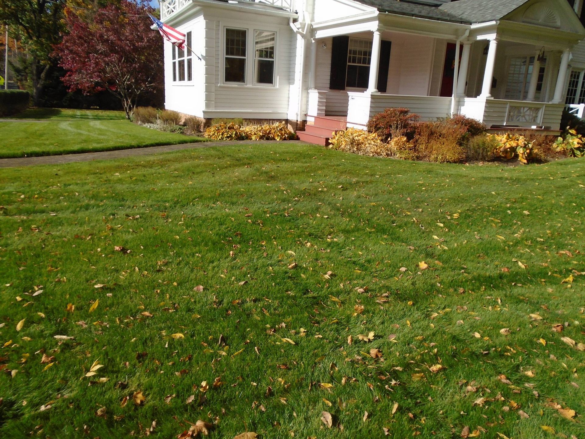 A white house with a large lawn in front of it.
