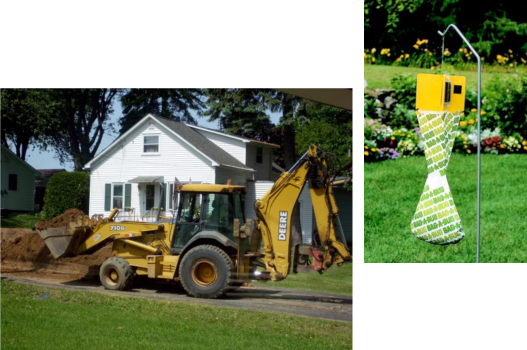 A picture of a backhoe next to a picture of a mailbox