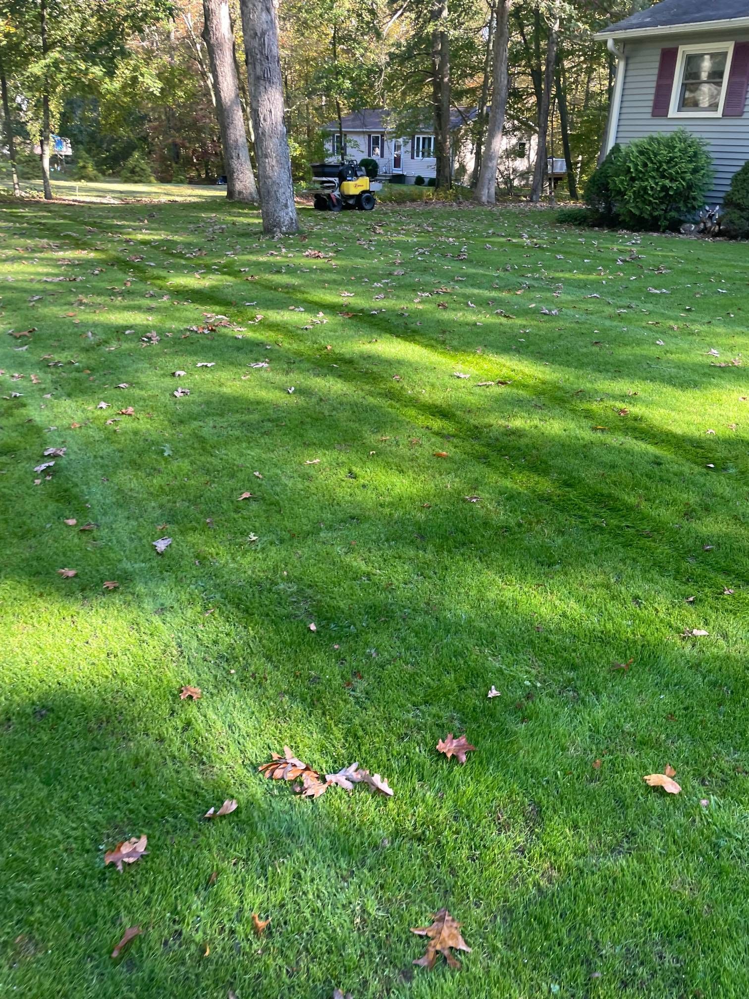 A lawn mower is cutting a lush green lawn in front of a house.
