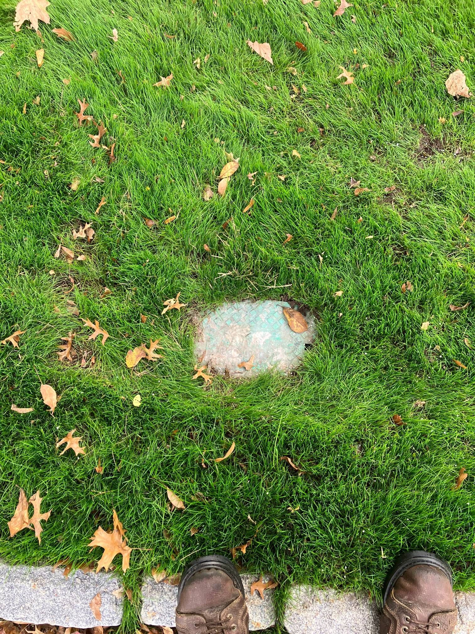 A person is standing in the grass next to a stone in the grass.