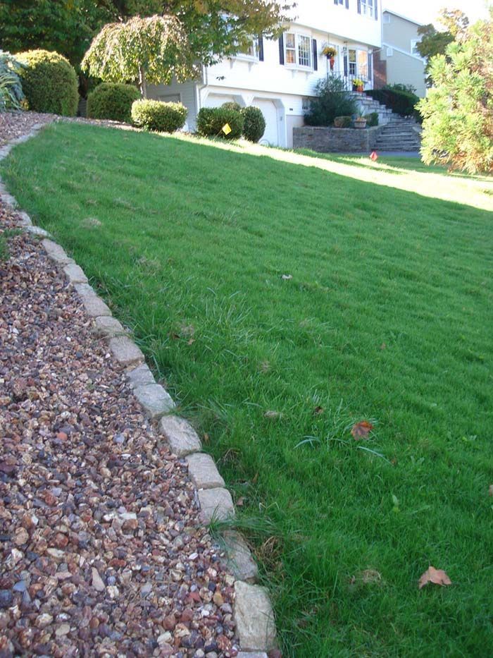 A lush green lawn with a gravel path in front of a house